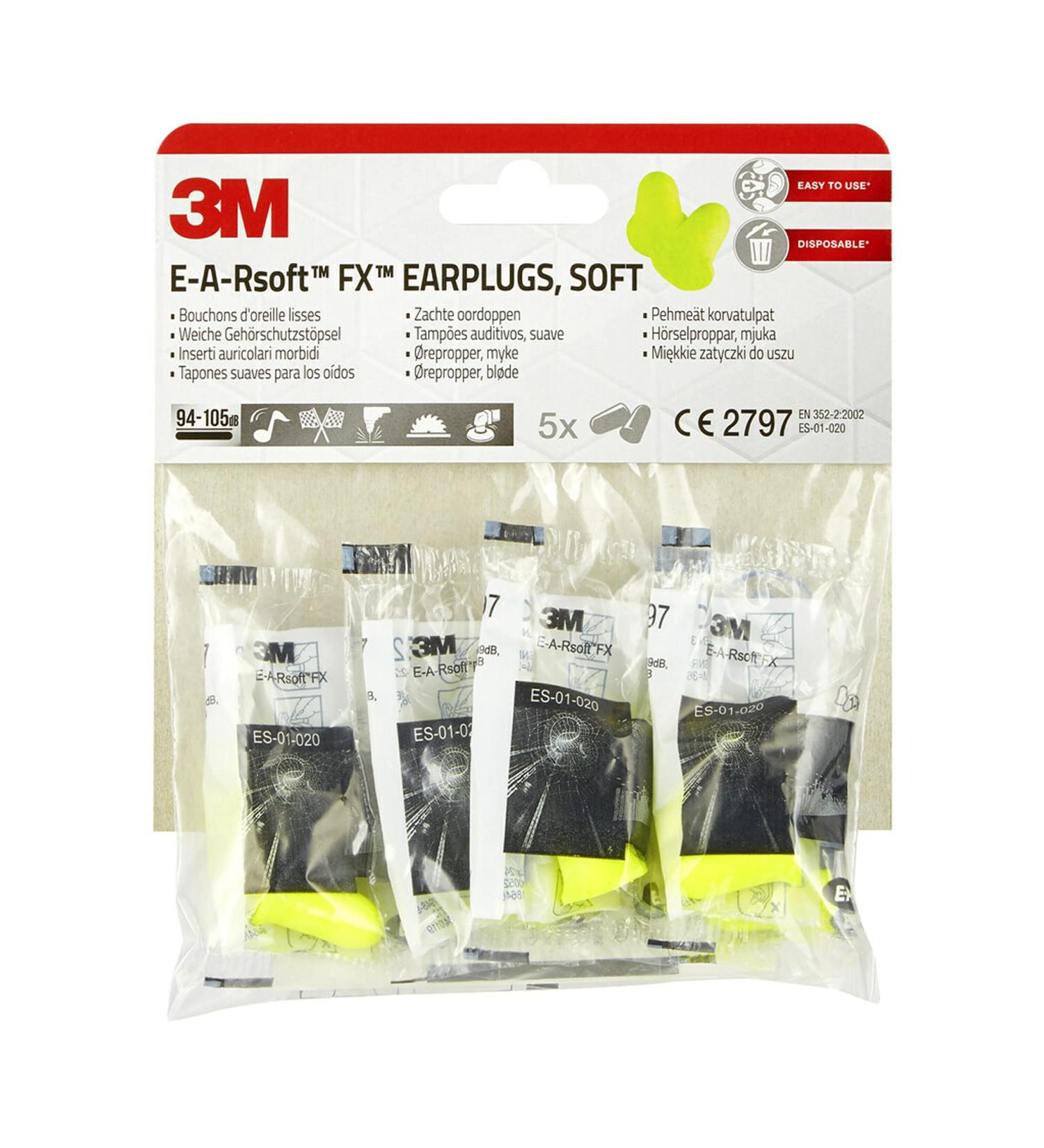 3m earplugs soft e-a-rsoft FX yellow hearing protection against noise level in the range of 94-105 dB (SNR 39dB) (1 pack with 5 pairs)