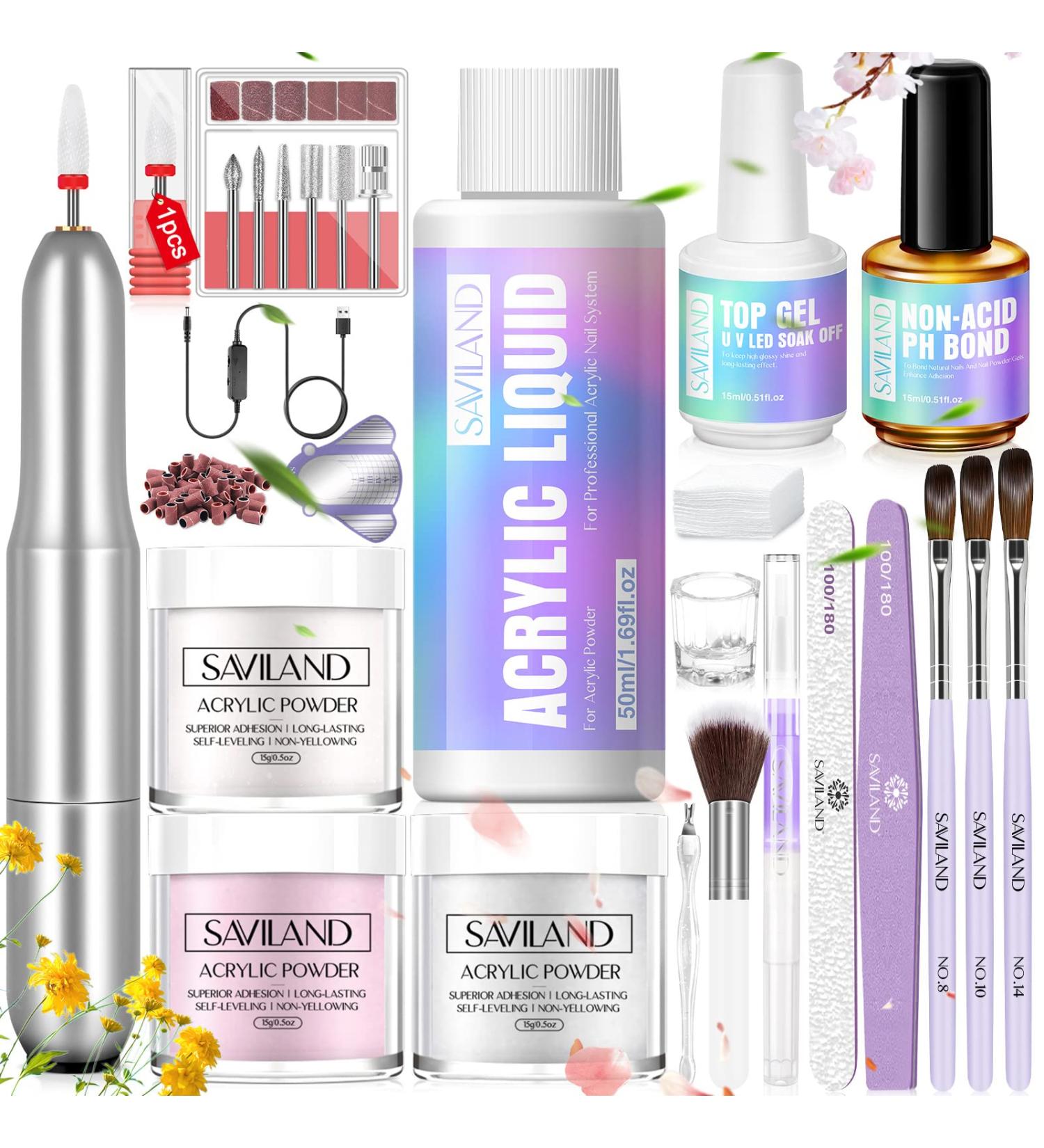 SAVILAND Acrylic Nail Kit with Drill - Complete Professional Set for Beginners | 45g Acrylic Powder 50ml Liquid Nail Brush & Tools - Buy Online on SooperMarket.com