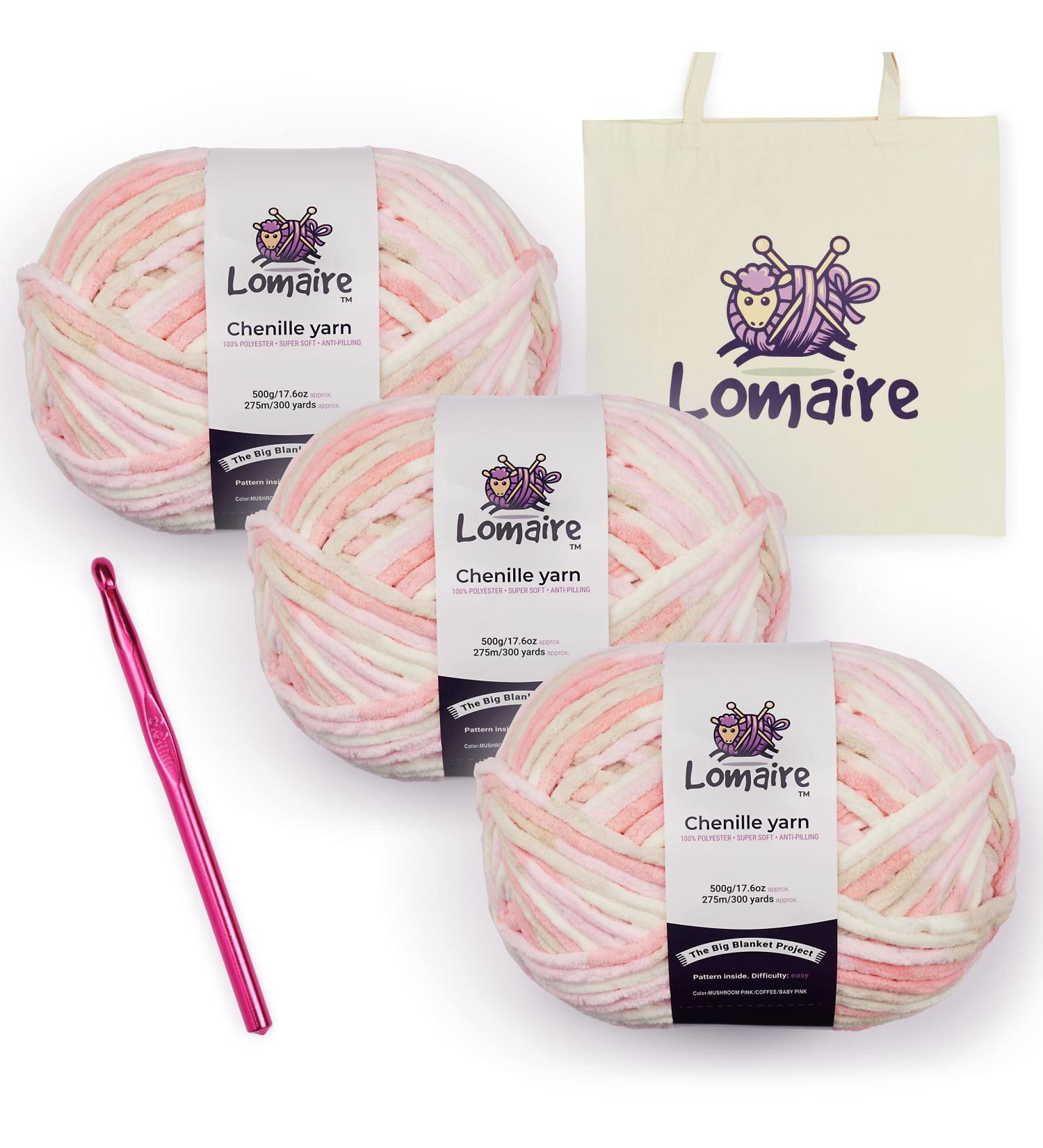 Lomaire Chunky Yarn Blanket Crochet Kit - 3.3LB Chenille Yarn, 8mm Crochet Hook, Cotton Tote Bag - Knitting & Crochet Supplies in Pink Coffee Mushroom - Buy Online on SooperMarket.com