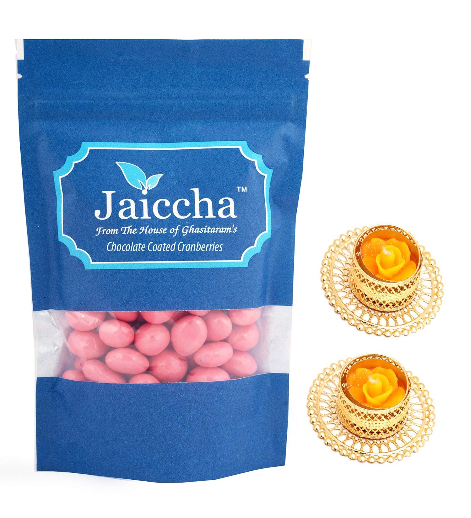 Jaiccha Ghasitaram Diwali Gifts Chocolate - Chocolate Coated Cranberries with 2 T-Lites - Buy Online on SooperMarket.com