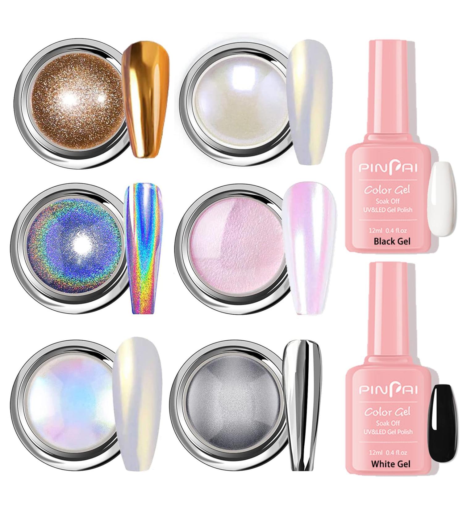Chrome Nail Powder Kit with Black & White Gel Polish Set - Metallic Aurora Glazed Donut Glitter for Women & Girls - Manicure Gift Set - Buy Online on SooperMarket.com