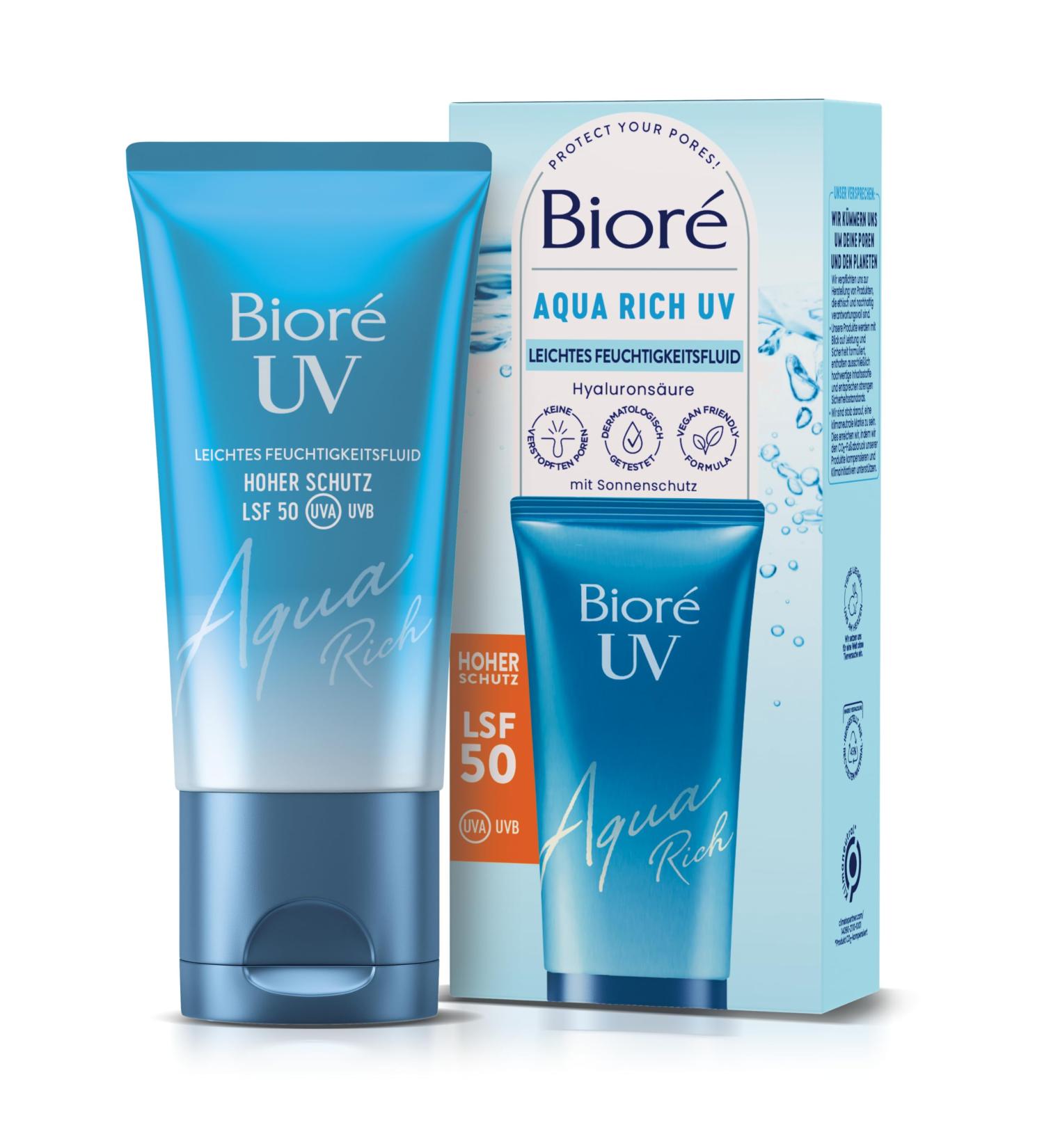 BIORE Aqua Rich UV - SPF 50 Light Moisture Fluid for Face - Non-Greasy UVA/UVB Sun Protection Ideal Under Makeup - 50ml - Buy Online on SooperMarket.com