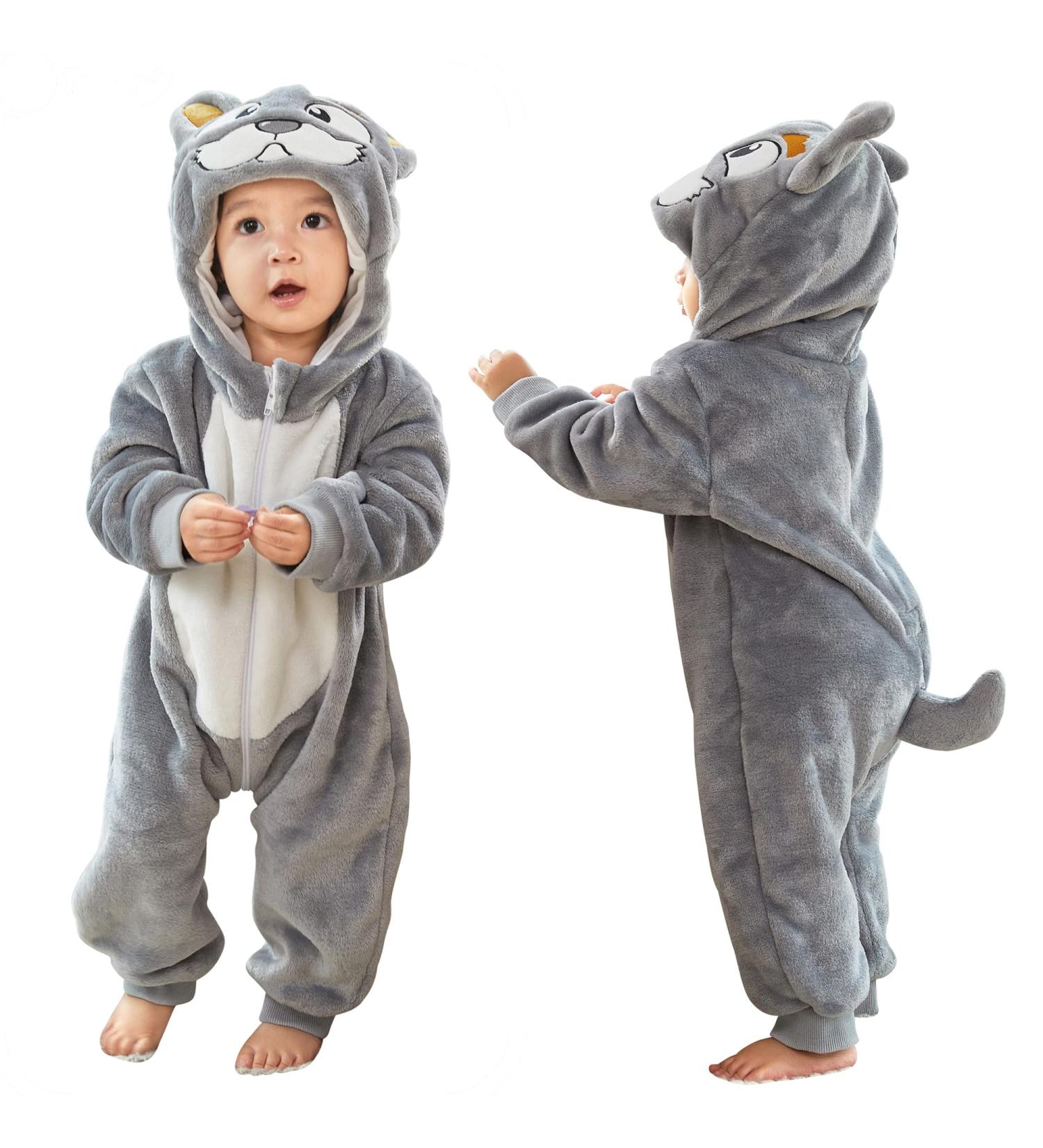 COOKY.D Baby Hooded Rompers | Winter Flannel Jumpsuit Pajamas for Infants | 3-6 Months | Dog Design - Buy Online on SooperMarket.com