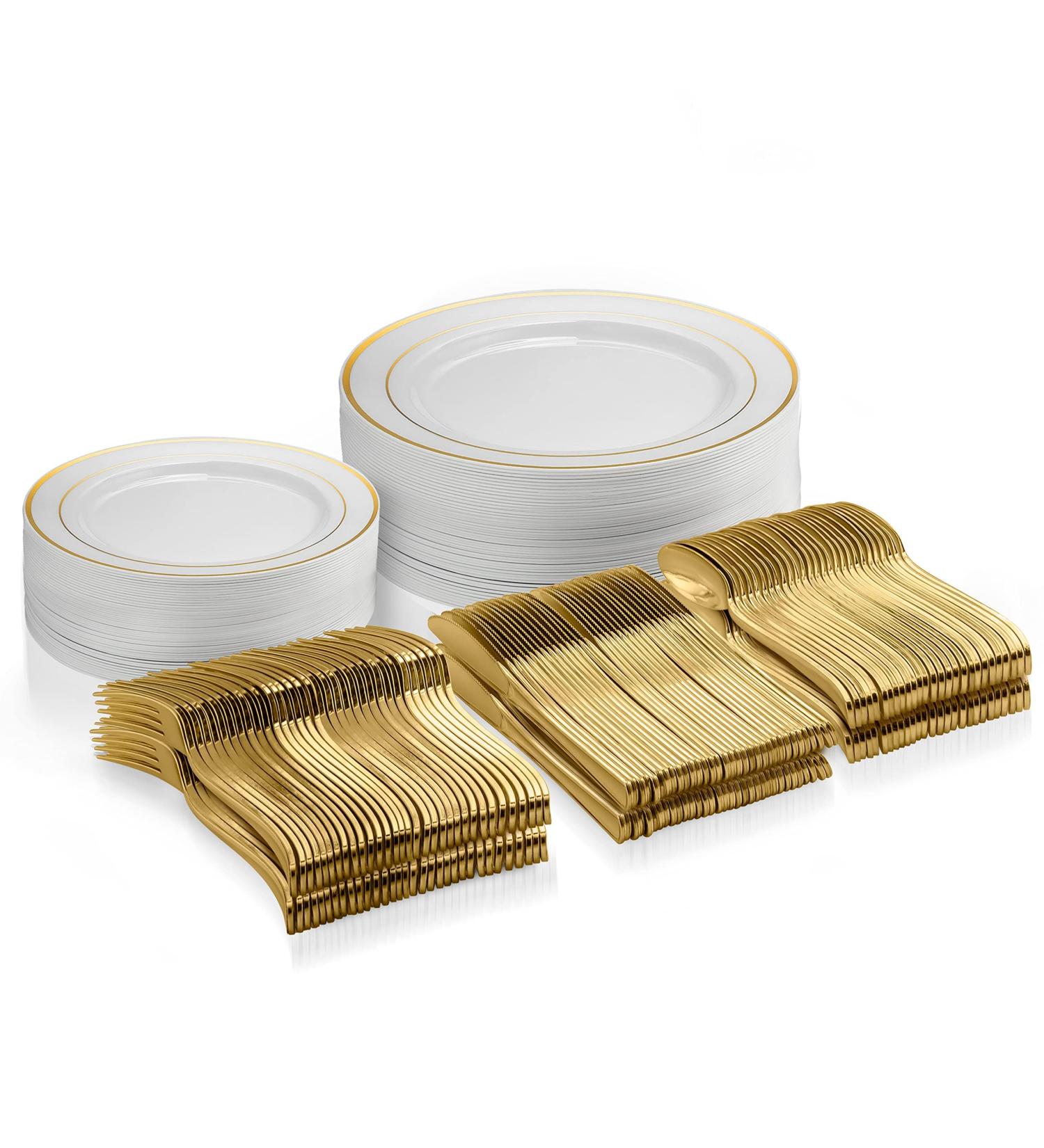 125 Piece Gold Dinnerware Party Set - Elegant Disposable Plates and Silverware for 25 Guests - Perfect for Weddings and Birthday Parties - Buy Online on SooperMarket.com