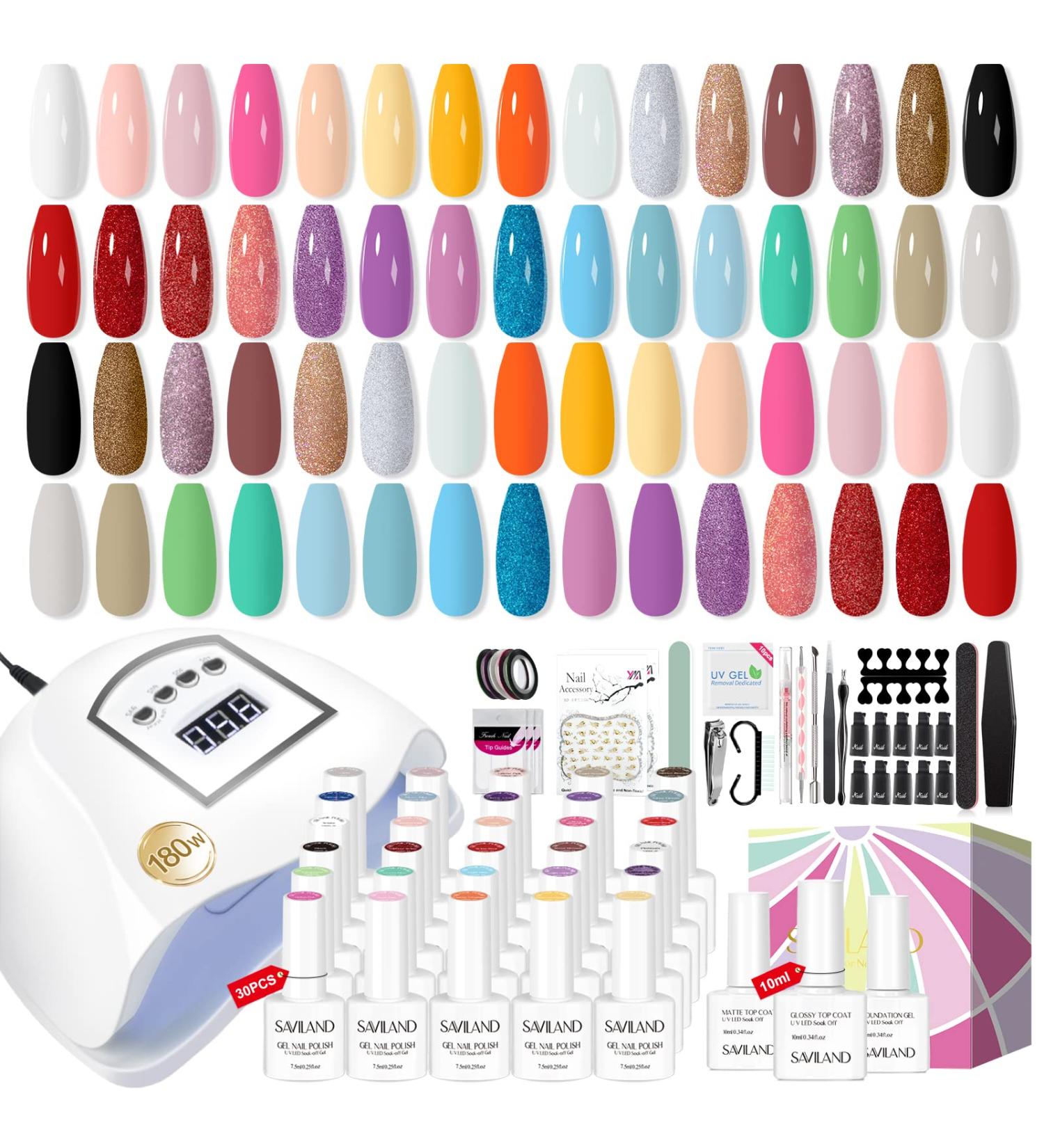 Saviland 76 PCS Gel Nail Polish Kit with 180W UV Light - 30 Colors Spring Summer Gel Polish Set for DIY Manicure with LED Lamp - Buy Online on SooperMarket.com