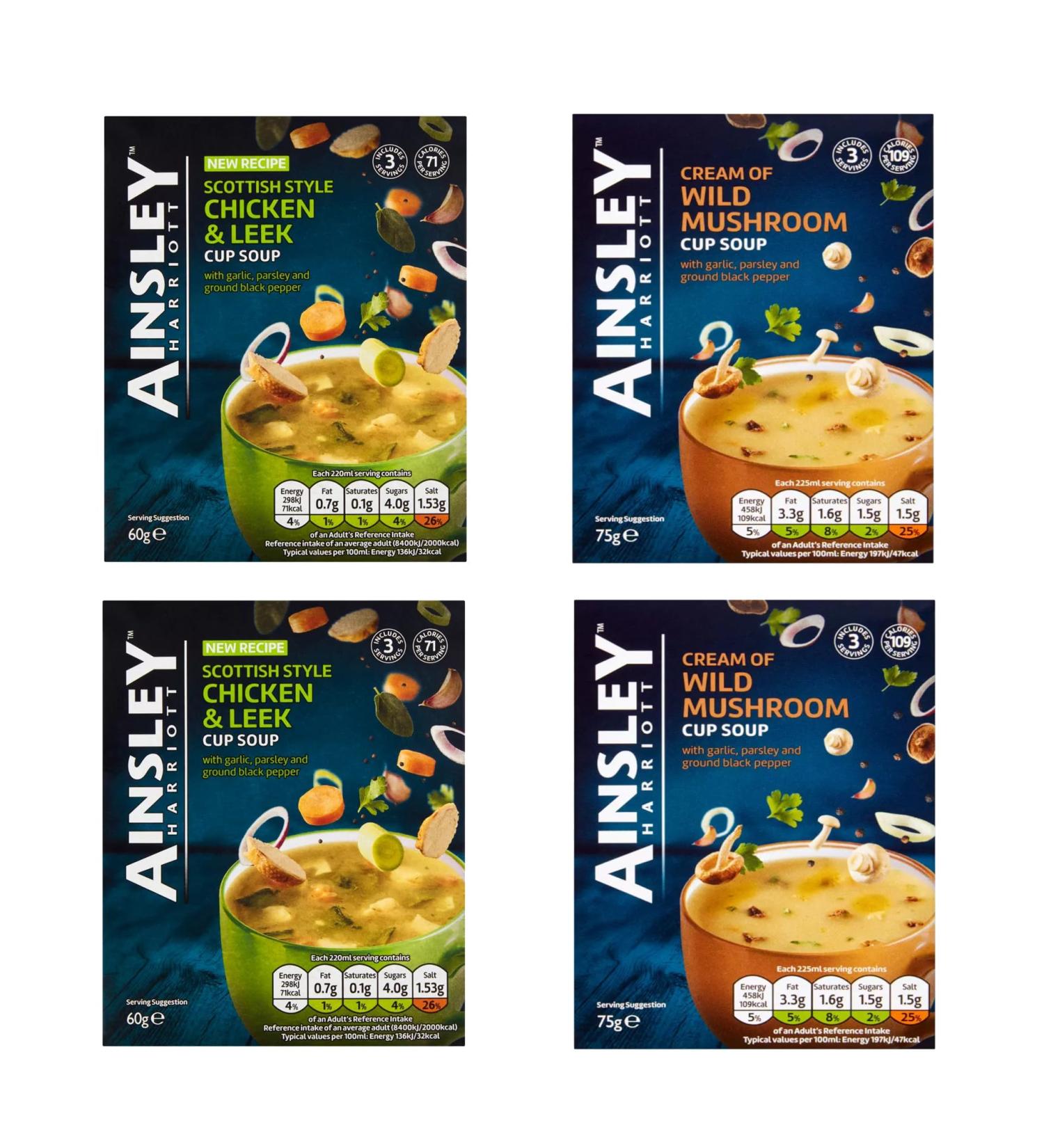 Ainsley Harriot Instant Cup Soup - 4 Pack Bundle - Wild Mushroom and Chicken and Leek (12 Sachets Total) - Buy Online on SooperMarket.com