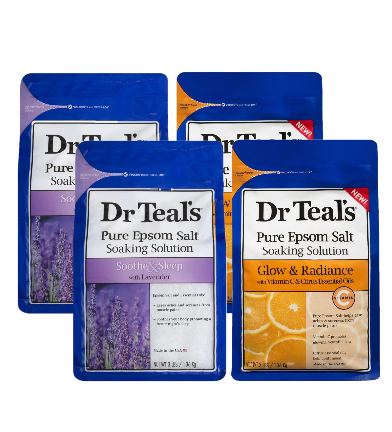 Dr. Teal's Salt Bath Variety Gift Set - 4 Pack, 3lbs Each - Vitamin C & Citrus for Glow & Radiance, Lavender for Soothe & Sleep - Epsom Salt & Essential Oils for Skin Nourishment & Better Sleep - Buy Online on SooperMarket.com