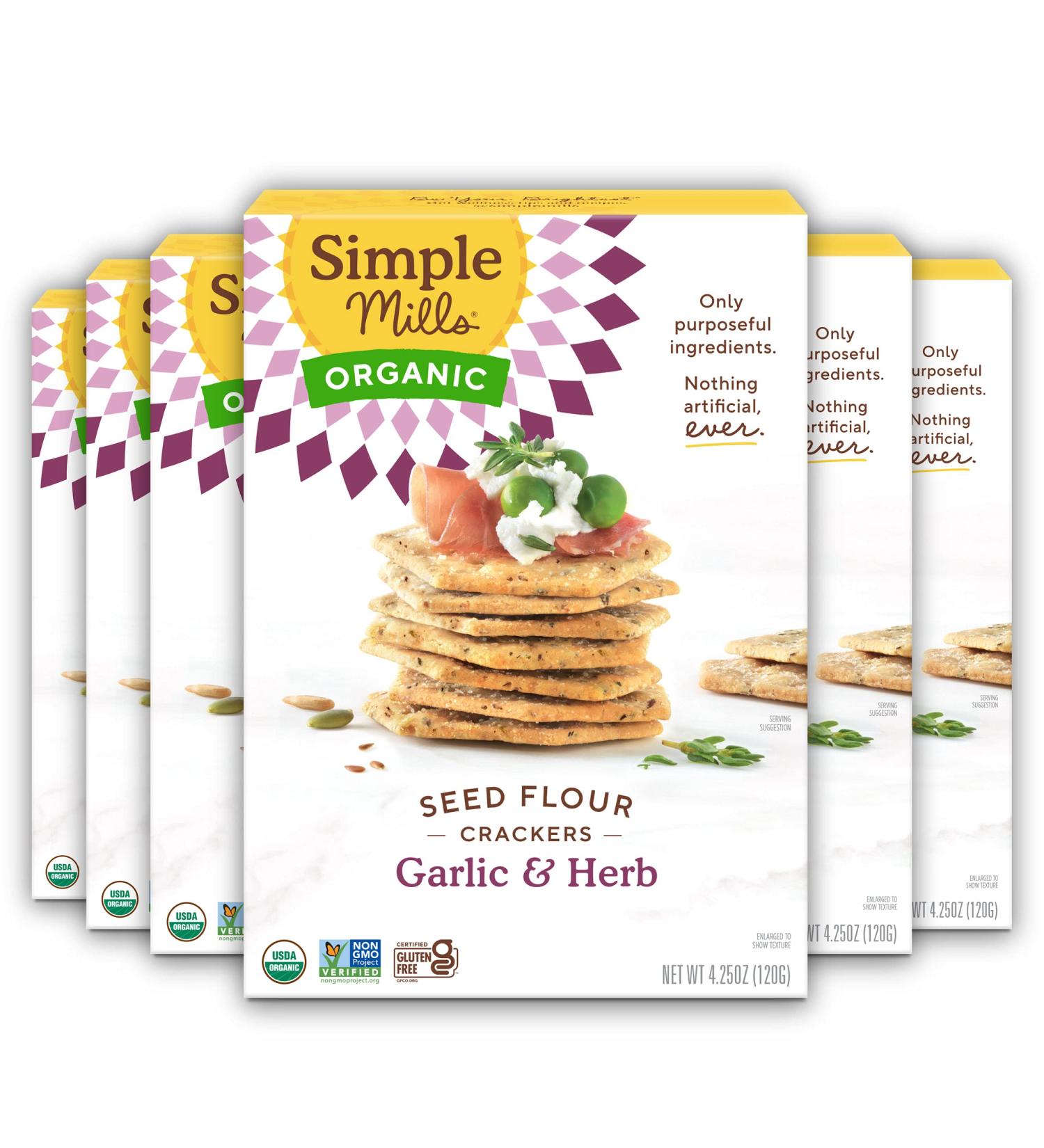 Simple Mills Organic Seed Crackers Garlic & Herb - Gluten Free, Vegan, Paleo Friendly Snacks - 4.25 oz (Pack of 6) - Buy Online on SooperMarket.com