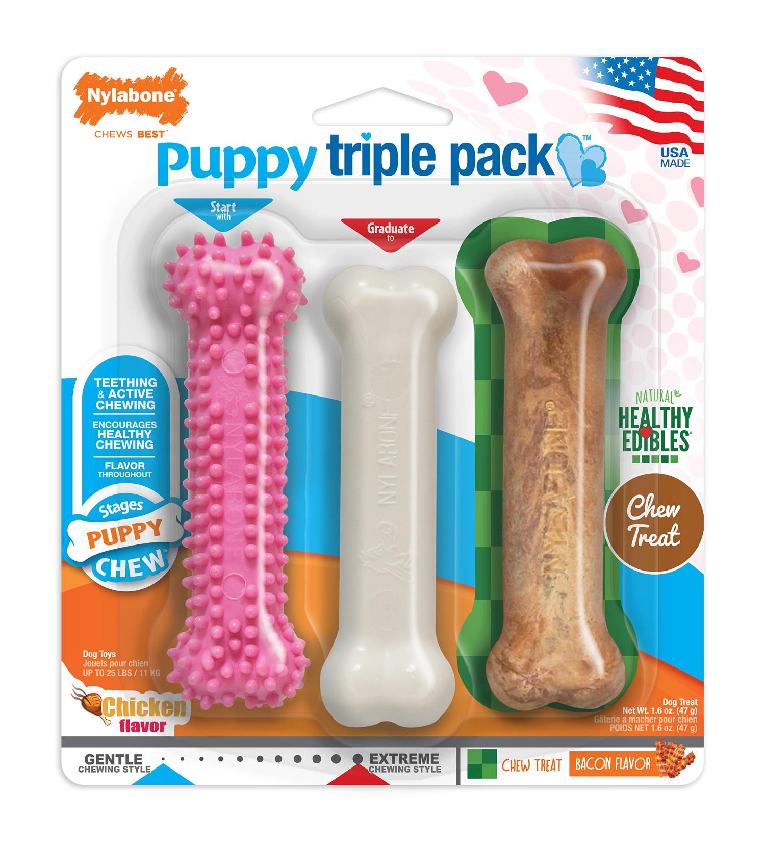 Nylabone Puppy Chew Toys for Teething Puppies | Small/Regular - Pink Bone Lamb & Apple (3 Count) - Buy Online on SooperMarket.com