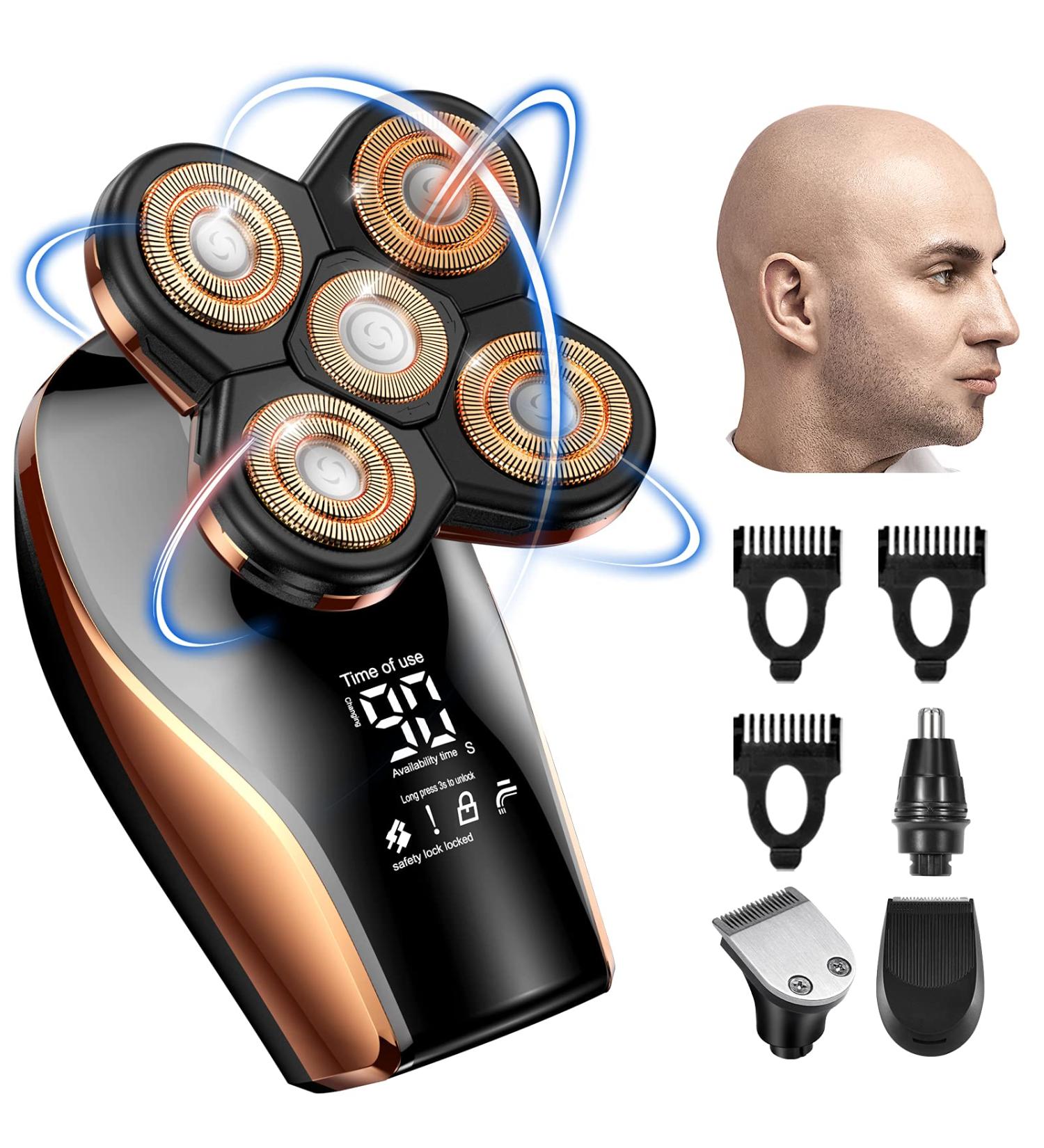 Electric Bald Head Razor for Men - 4 in 1 Grooming Kit with LED Display, Cordless Rotary Shaver - Wet/Dry, USB Rechargeable - Rose Gold - Buy Online on SooperMarket.com