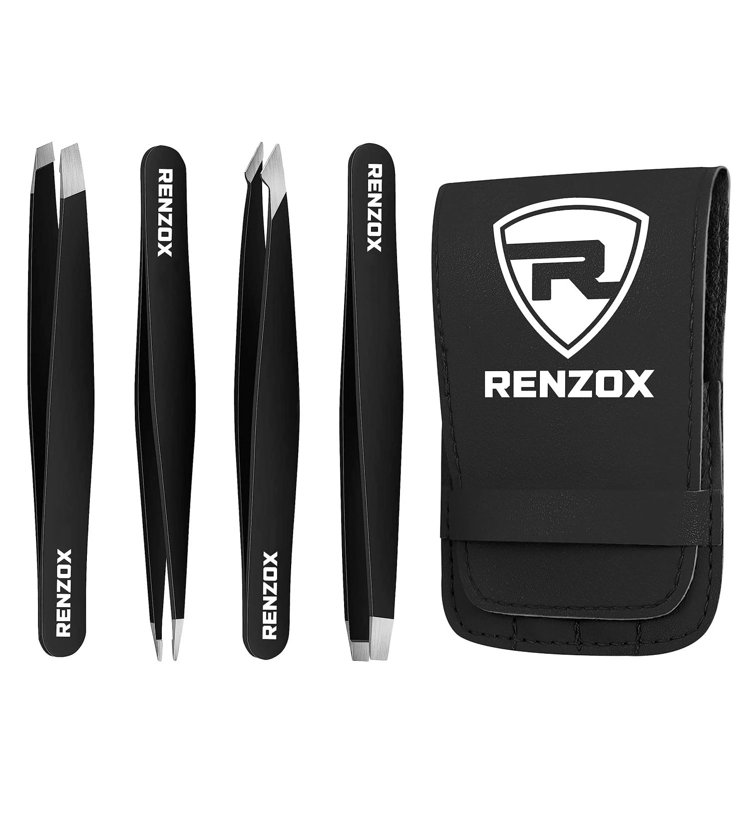 Renzox 4pcs Tweezers for Facial Hair Women & Men Hair Removal Eyebrow Tweezers Professional Stainless Steel Black Color Coated tweezer Set Slanted & Pointed Tip for ingrown Hair with Leather Pouch - Buy Online on SooperMarket.com