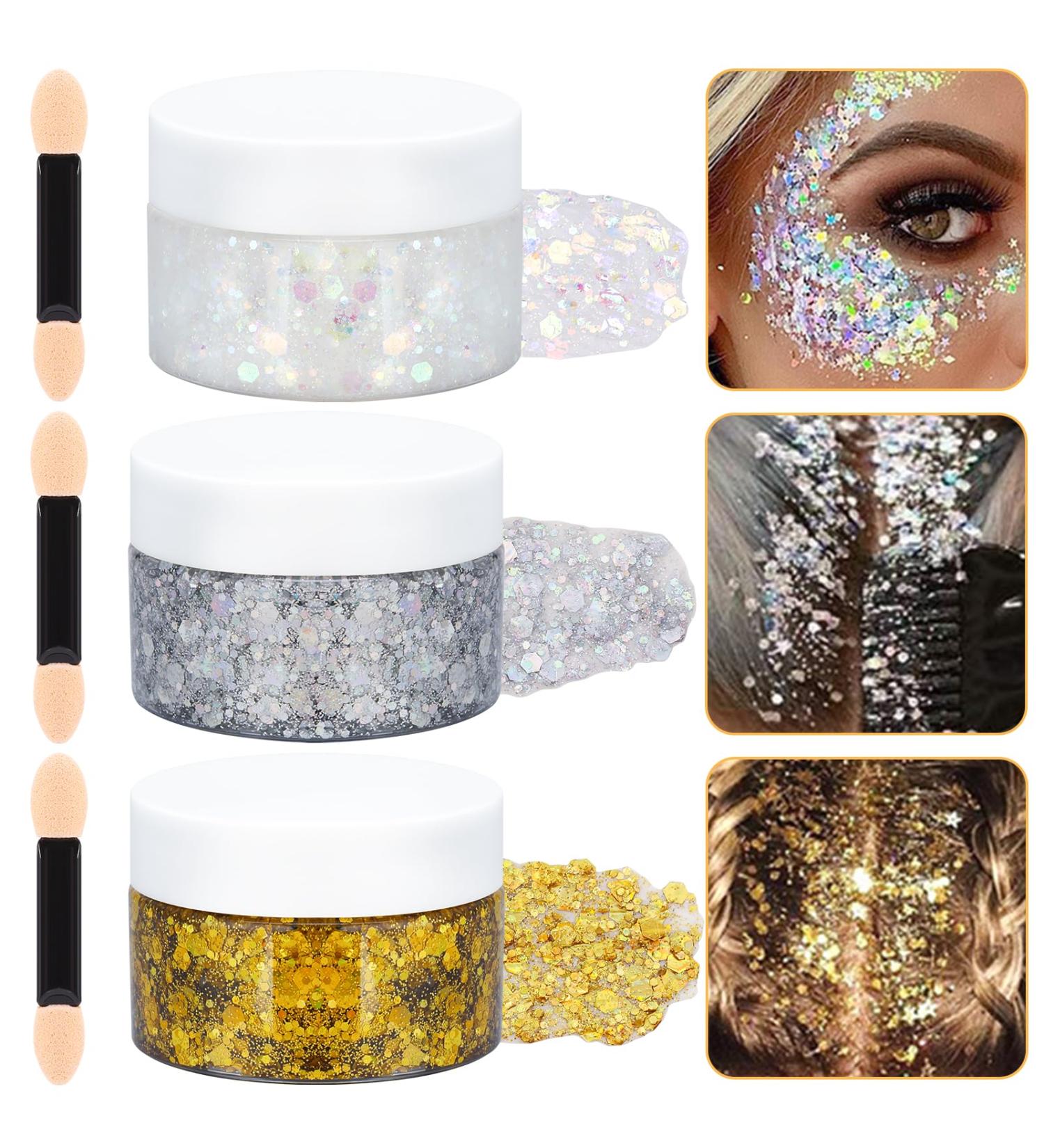 3Pcs Holographic Body Glitter Gel with 3 Makeup Brushes 50ml Mermaid Sequins Sparkling Liquid Eyeshadow Sequins Glitter for Face Body Eye Hair DIY Art Festival Party Makeup Decoration - Buy Online on SooperMarket.com