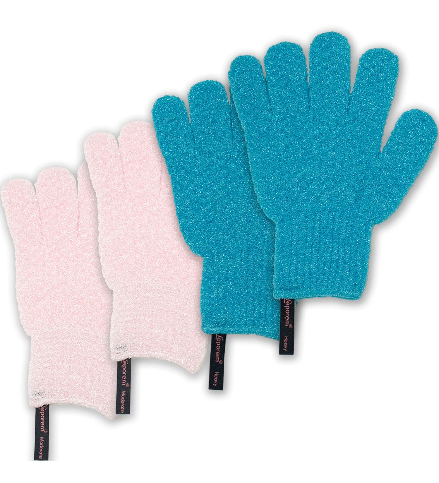 Exfoliating Glove Set - Spa Body Scrubber Mitts for Men and Women | Hanging Loop | Emerald Green + Pale Pink - Buy Online on SooperMarket.com