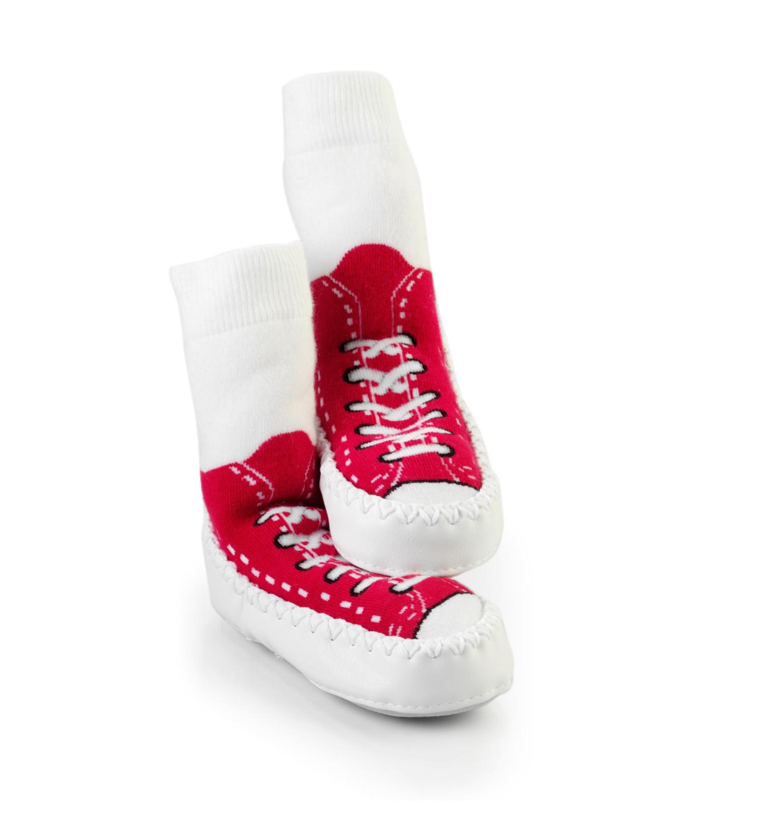 Mocc Ons moccasin washable leather sole slipper socks (18-24 Months Sneaker Red) 18-24 Months Sneaker Red