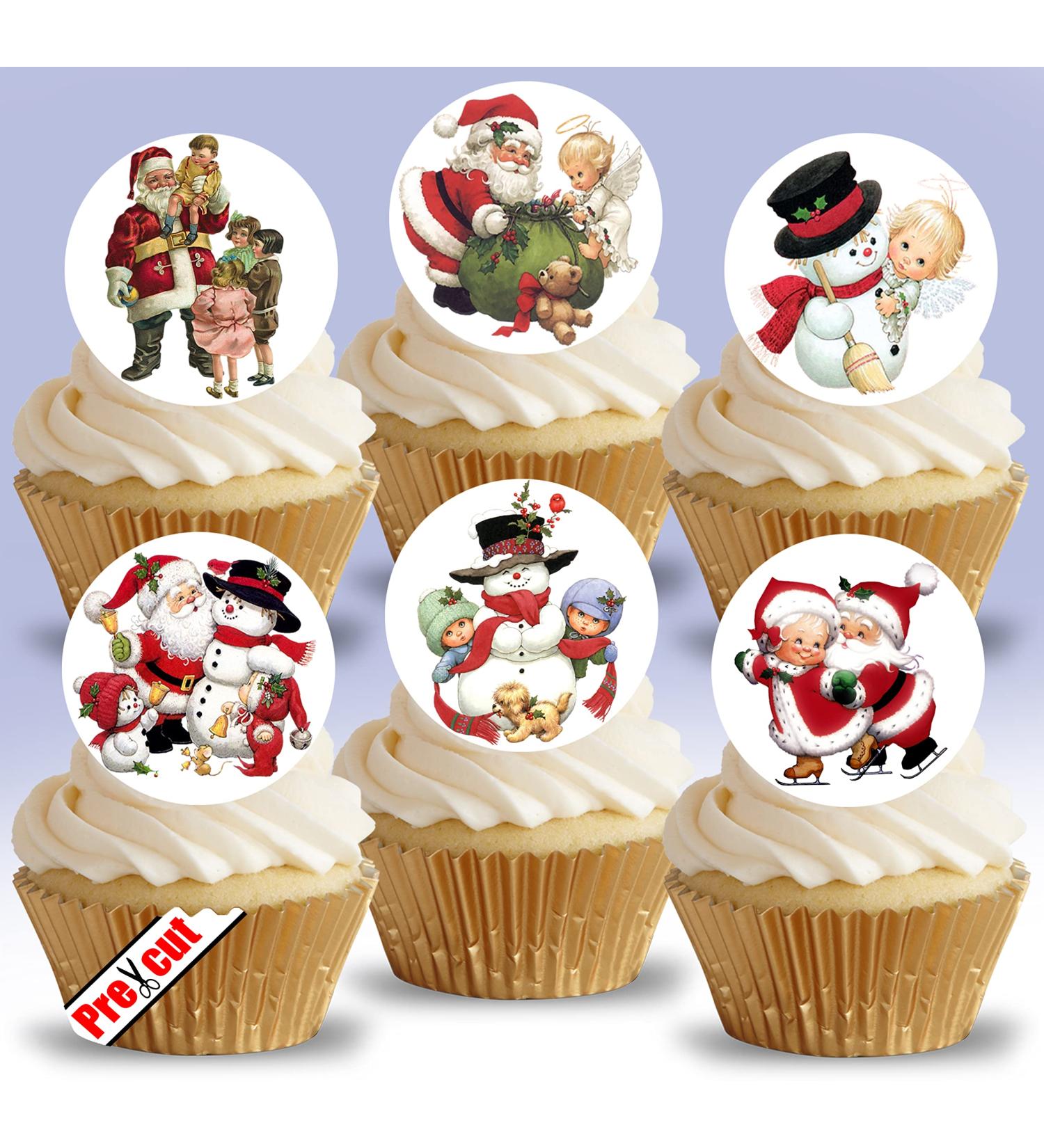 Edible Stand up Vintage Christmas Mix XIV.B Pre-Cut Wafer Paper Cupcake Toppers Party Victorian Santa Theme Birthday Cake Decorations (24)
