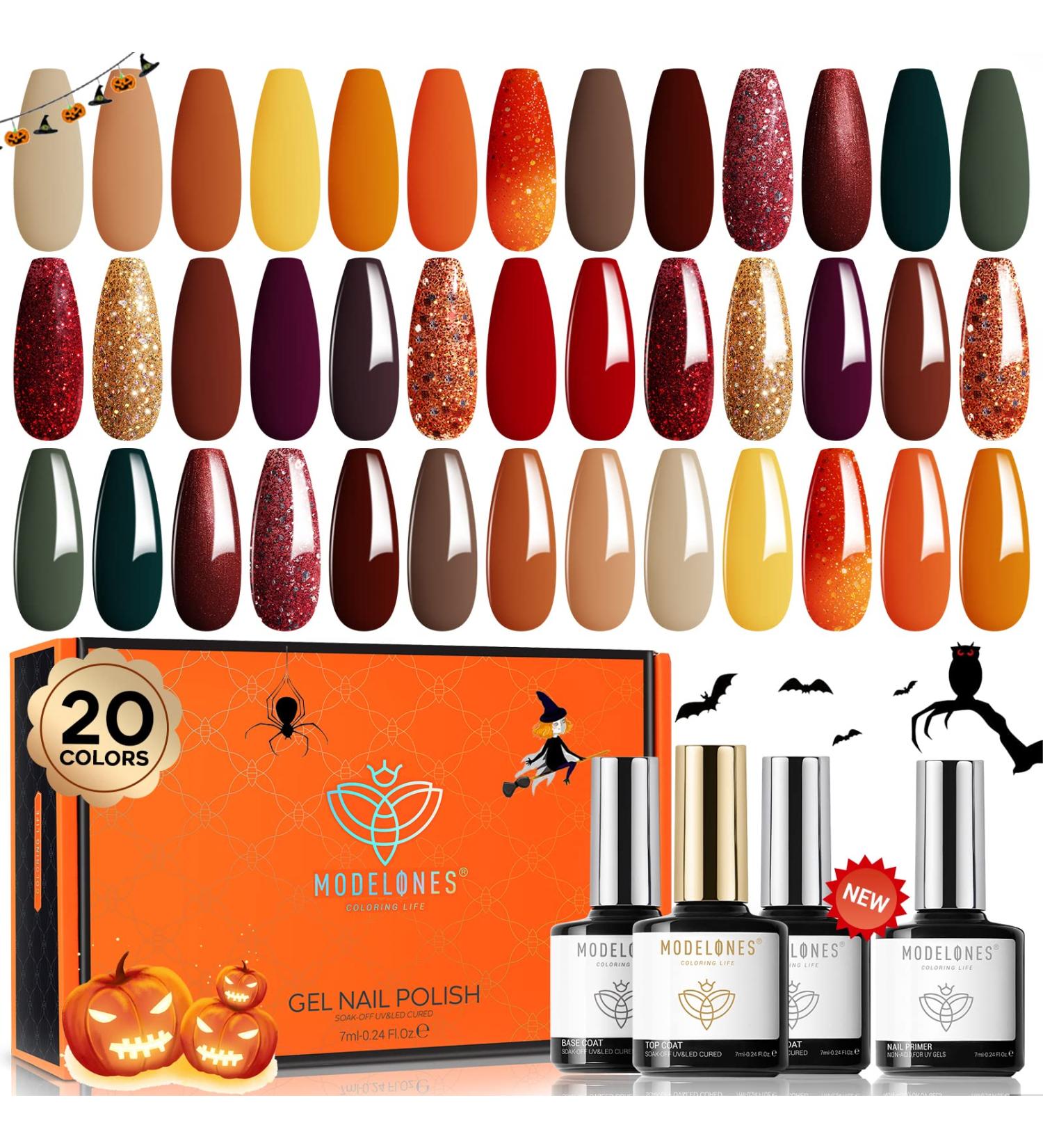 Modelones 20 Colors Gel Nail Polish Kit - Fall Winter Collection | Gold, Orange, Yellow, Brown Shades | Bond Primer, Glossy & Matte Top Coat | DIY Nail Art | Halloween Gift Set - 24 PCs - Buy Online on SooperMarket.com