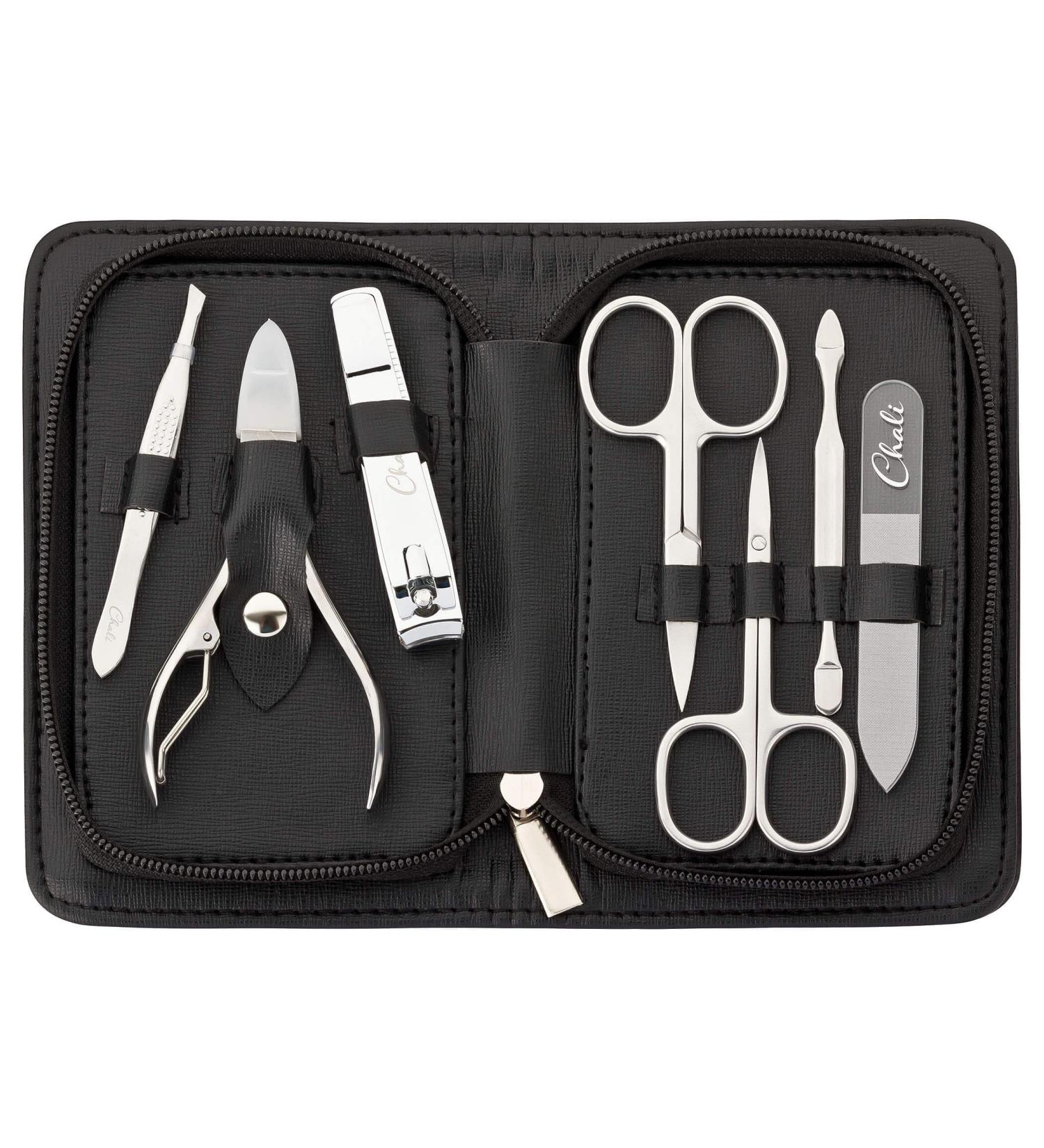 Chali 7-Piece Nail Set - Stainless Steel Manicure/Pedicure Kit with Case | Nail Scissors Clippers Tweezers & Glass File - Black - Buy Online on SooperMarket.com