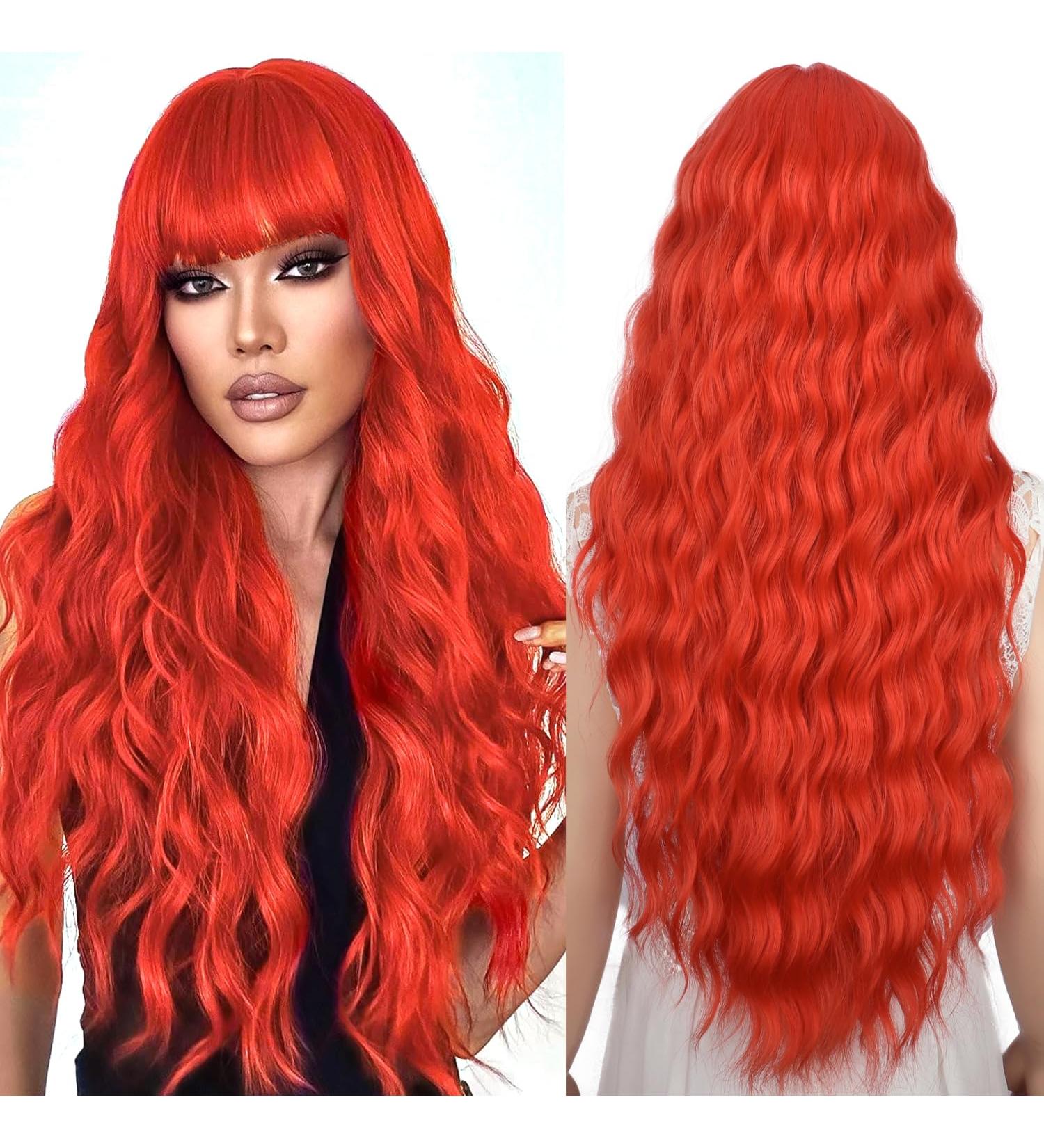 YEESHEDO Women's Long Wave Wig with Bangs - 28 Inches Natural Curly Wavy Synthetic Hair for Party, Cosplay, Halloween - Gold Red - Buy Online on SooperMarket.com