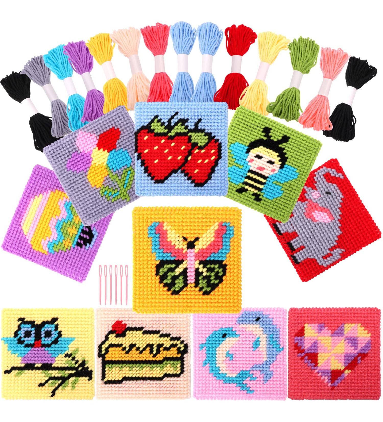 Pllieay Kids 10-in-1 Cross Stitch Beginner Kit with 10 Patterns, Plastic Canvas, and Colored Threads - Needlepoint Starter Set for Kids - Buy Online on SooperMarket.com