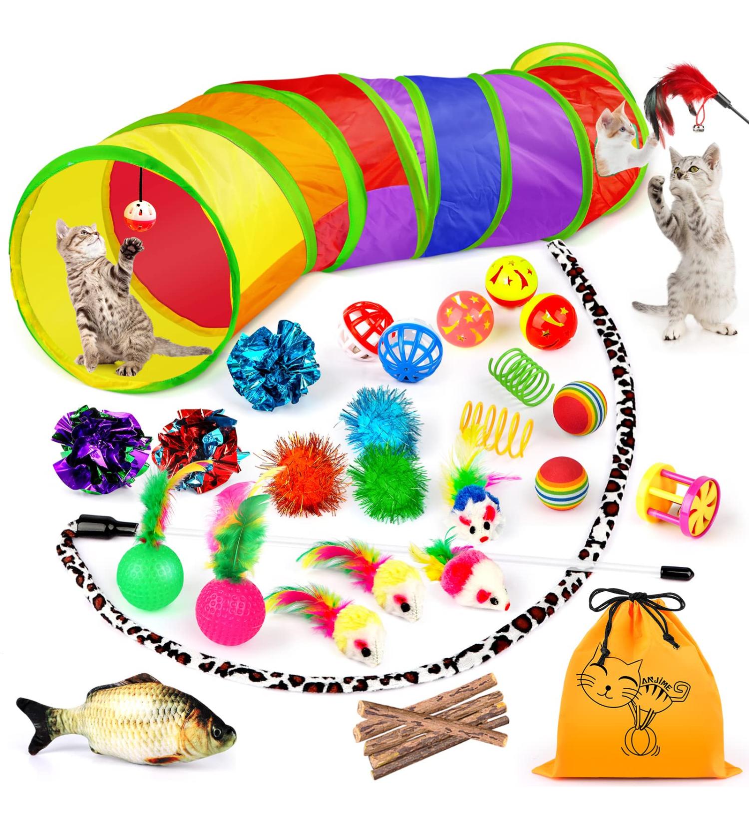 32 PCS Cat Toys Set - Interactive Variety Kitten Toys with Catnip, Feather Teaser, Crinkle Balls, and More - Buy Online on SooperMarket.com