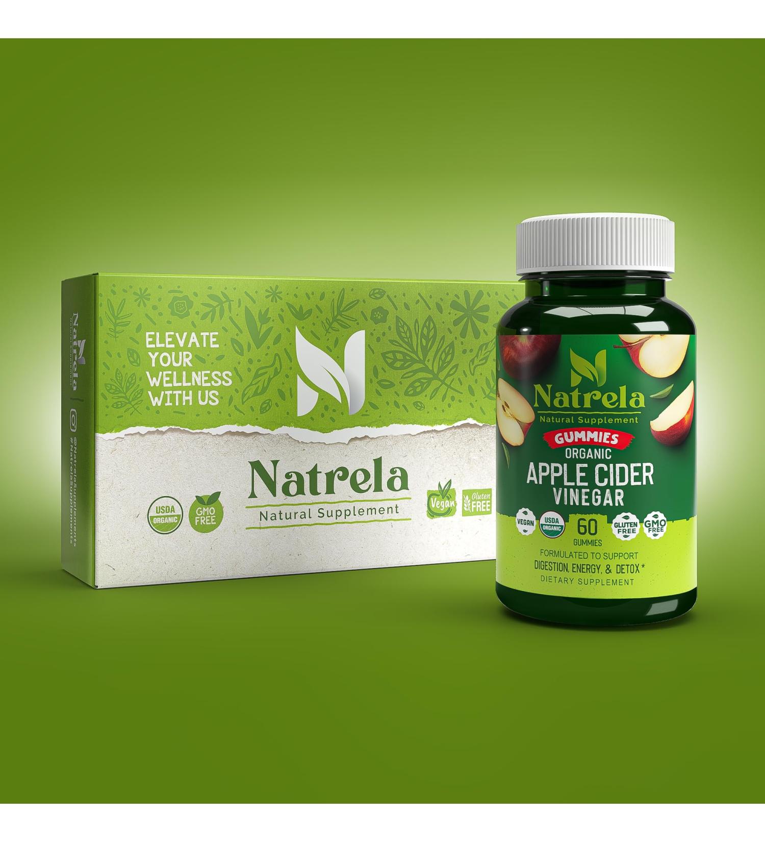 Natrela Organic Apple Cider Vinegar Gummies with The Mother - 60ct | USDA Certified, Vegan, Immune & Detox Support - Buy Online on SooperMarket.com