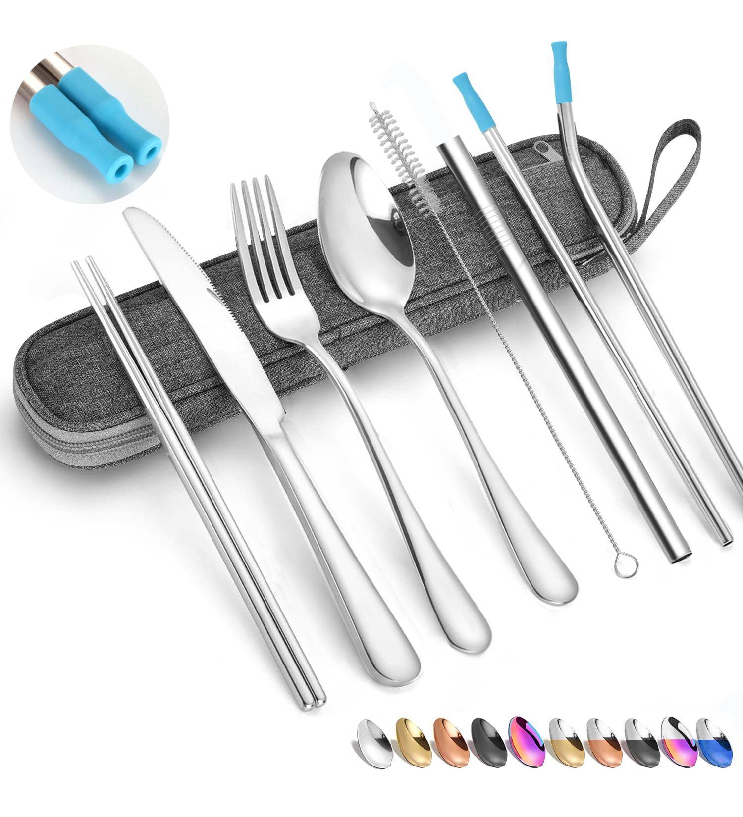 Travel Reusable Utensils Set - Stainless Steel Cutlery with Case, Chopsticks, Straw - Portable Flatware for Camping, 8 Piece Set - Silver - Buy Online on SooperMarket.com