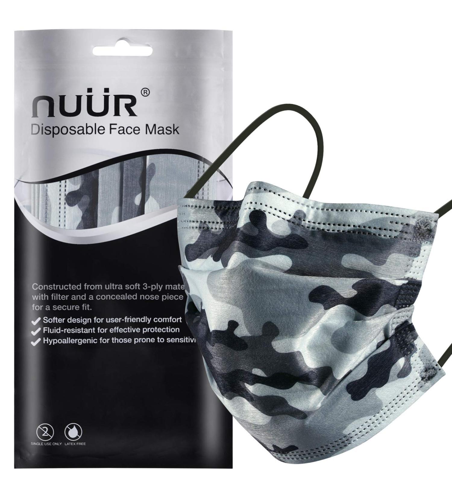 NU R Camouflage 3-Ply Disposable Face Mask with Filter Layer - 10pcs, Elastic Earloop, CAMO-026 - Buy Online on SooperMarket.com
