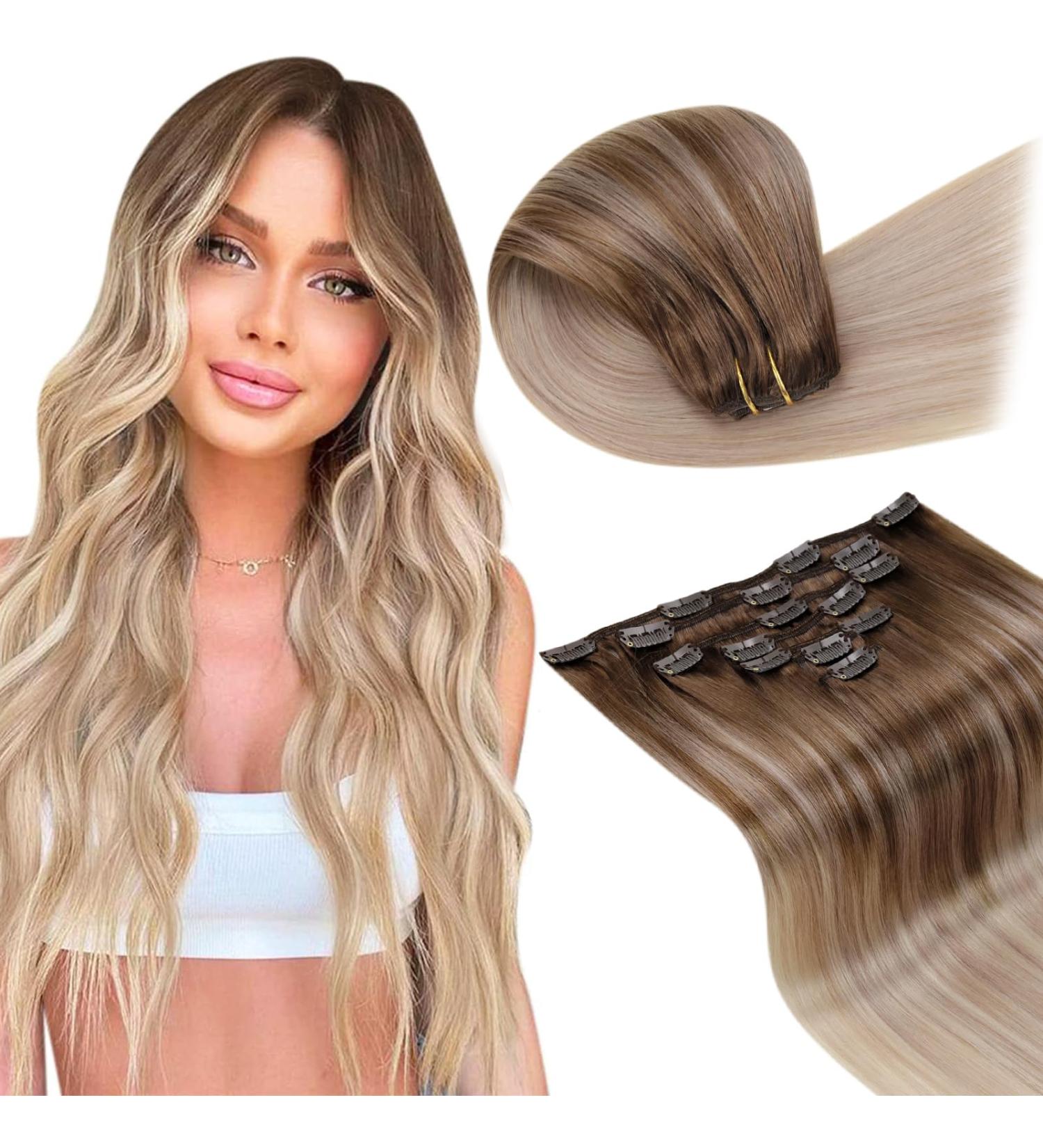 Buy Laavoo Real Hair Clip-In Extensions - Ombre Blonde Balayage Remy Hair 105g 7PCS 45cm | Quality Double Tresse - Buy Online on SooperMarket.com