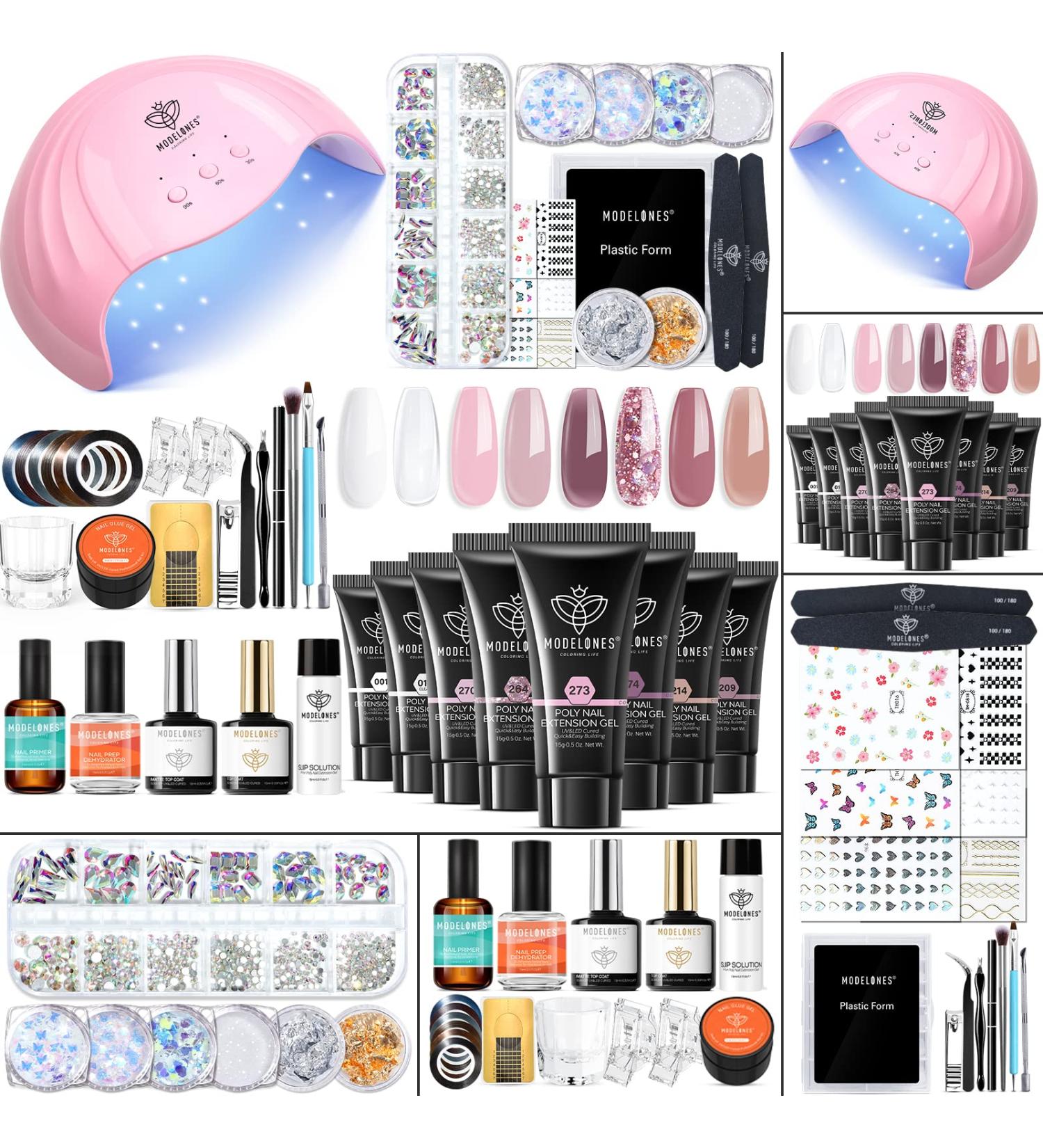Modelones Poly Nail Gel Kit 8 Colors with 48W LED Nail Lamp - Professional Starter Manicure Kit with Complete Poly Nail Art Tools - Nail Extension Gel Set with Rhinestone, Glitters, Sequins - Perfect Gift for Women - Buy Online on SooperMarket.com