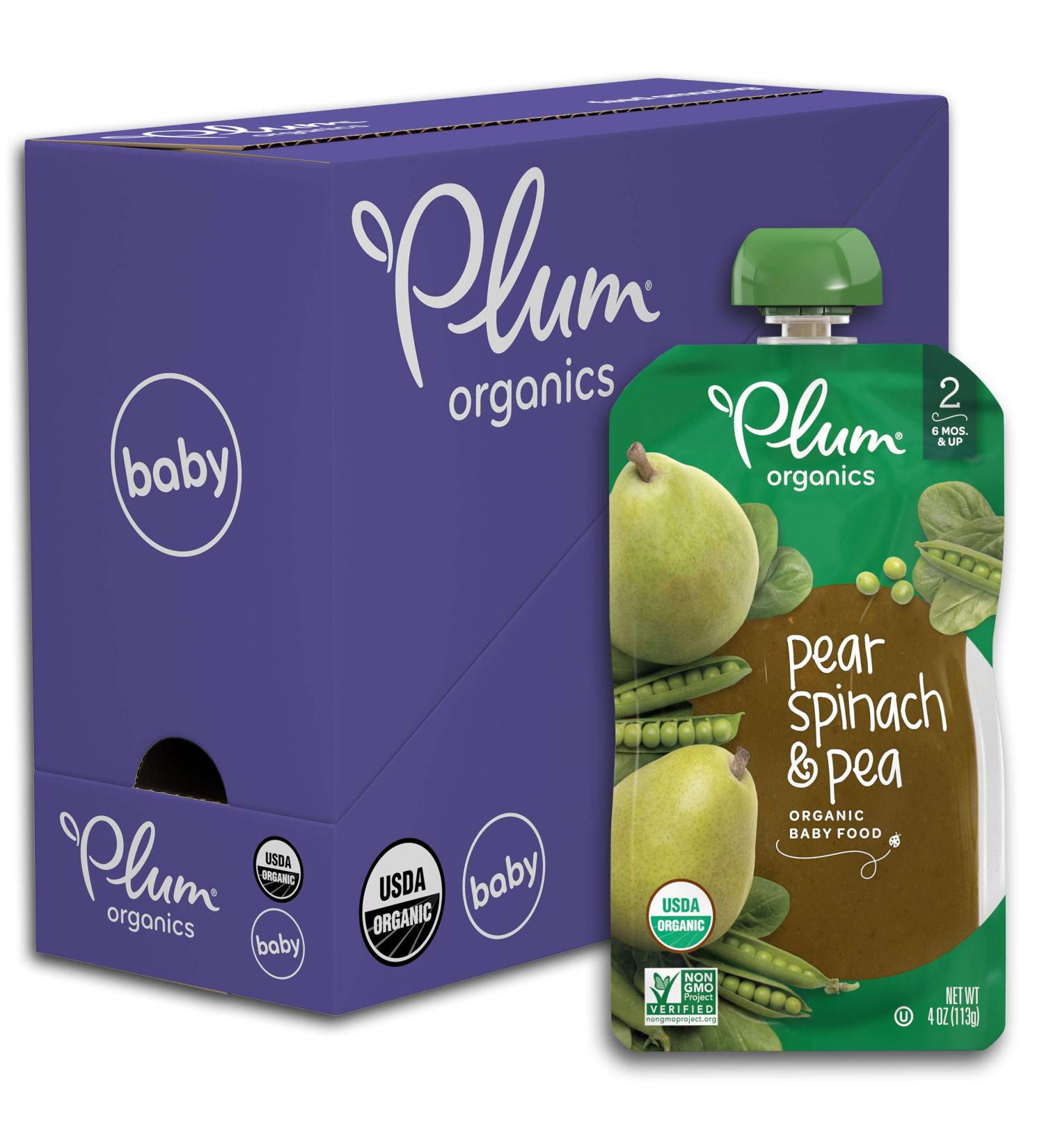 Plum Organics Stage 2 Baby Food Pouch | Pear Spinach & Pea | Organic Squeeze Pack for Babies, Kids, Toddlers | 4oz & 3.5oz (Pack of 6) - Buy Online on SooperMarket.com