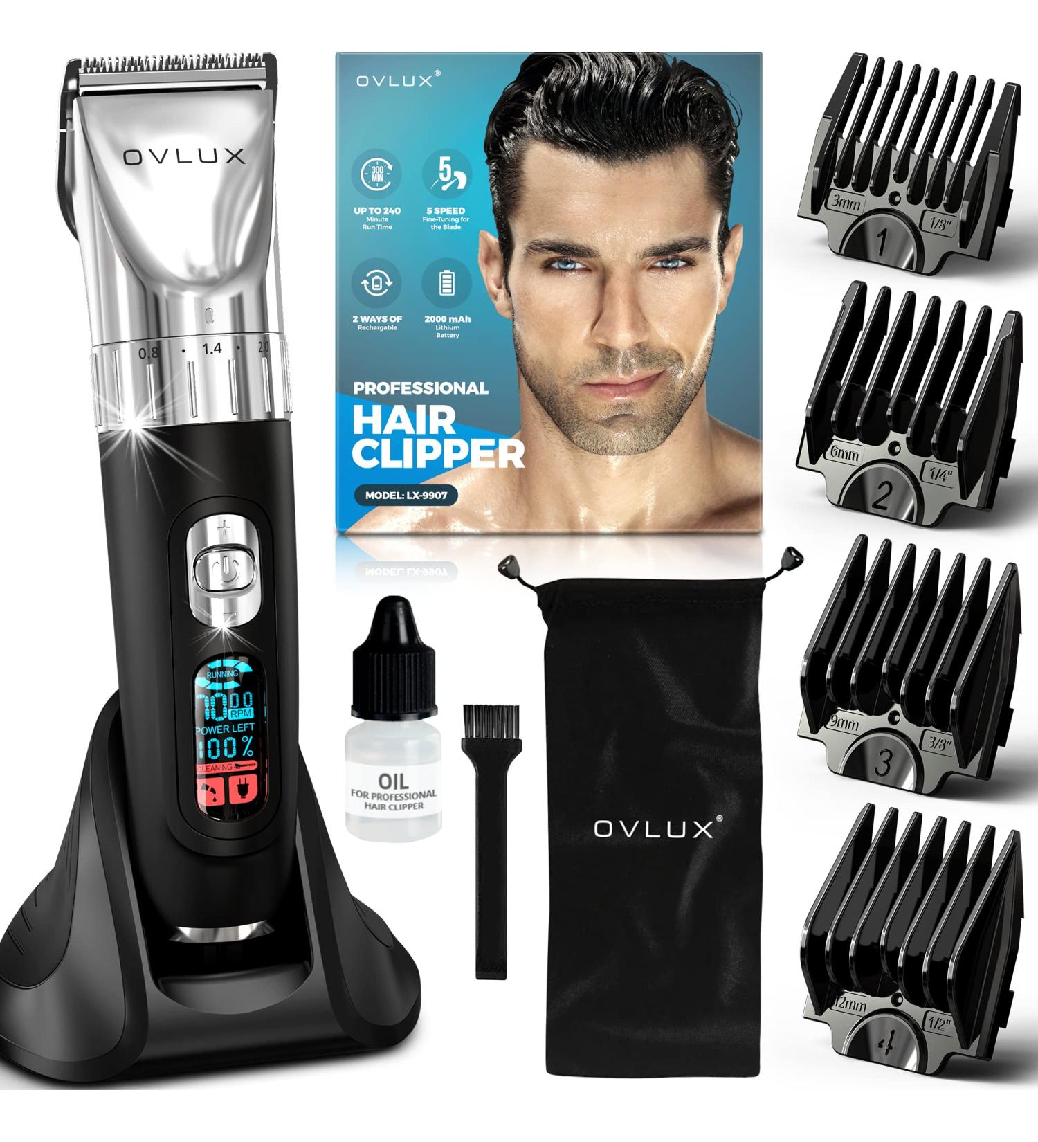 OVLUX Advanced Hair Clipper Kit - Corded/Cordless Ergonomic LED Display Stainless Steel Blades Men's Hair & Beard Styling - 4 Guide Combs & Accessories - Buy Online on SooperMarket.com