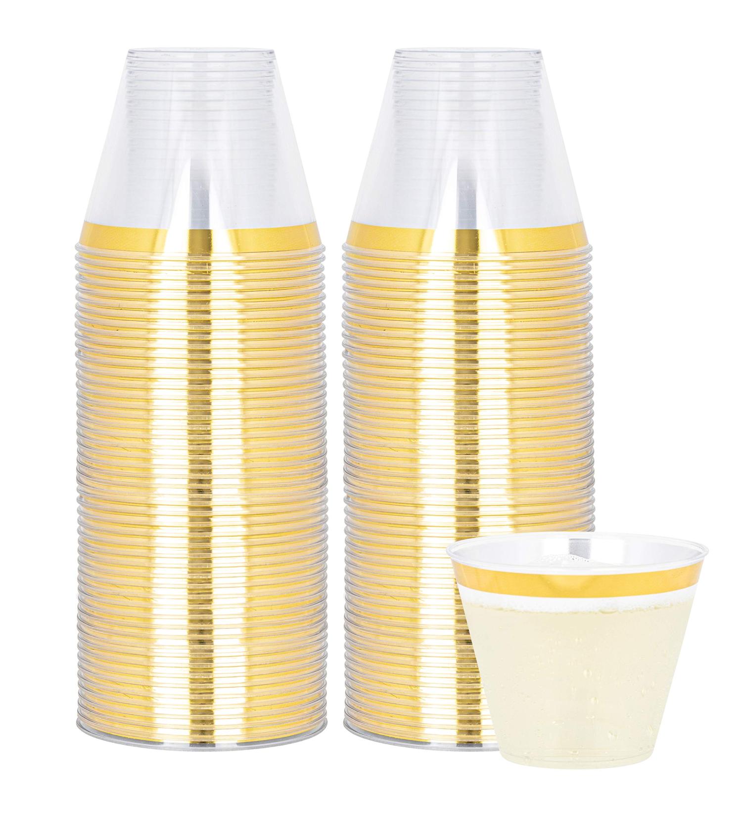PLASTICPRO 9 oz Disposable Party Cups with Gold Rim, 100 Count - Crystal Clear Tumblers for Old-Fashioned Elegance - Buy Online on SooperMarket.com