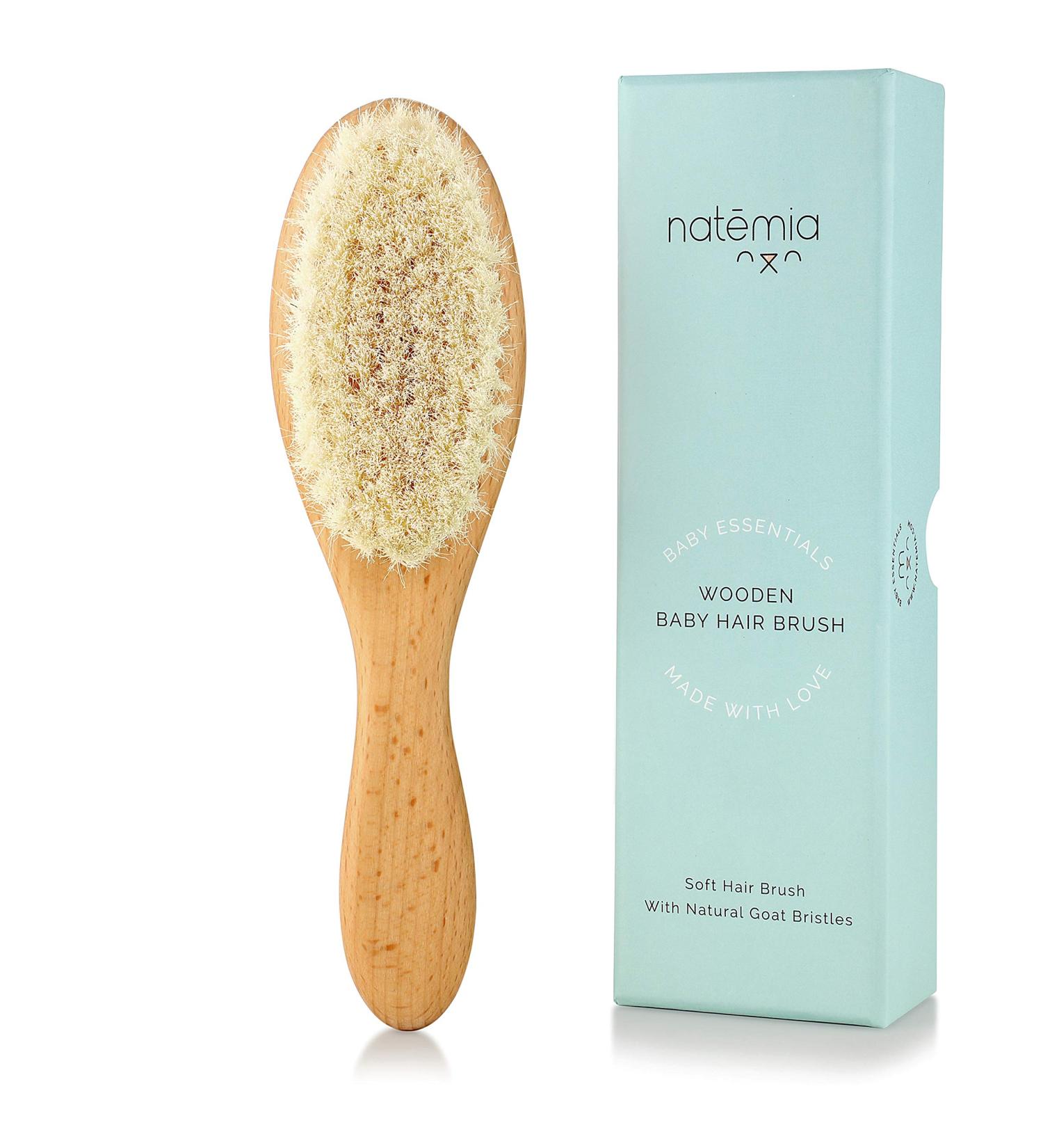 Natemia Wooden Baby Hair Brush - Soft Goat Bristles, Ideal for Newborns & Toddlers, Helps with Cradle Cap - Perfect Baby Registry Gift - Buy Online on SooperMarket.com