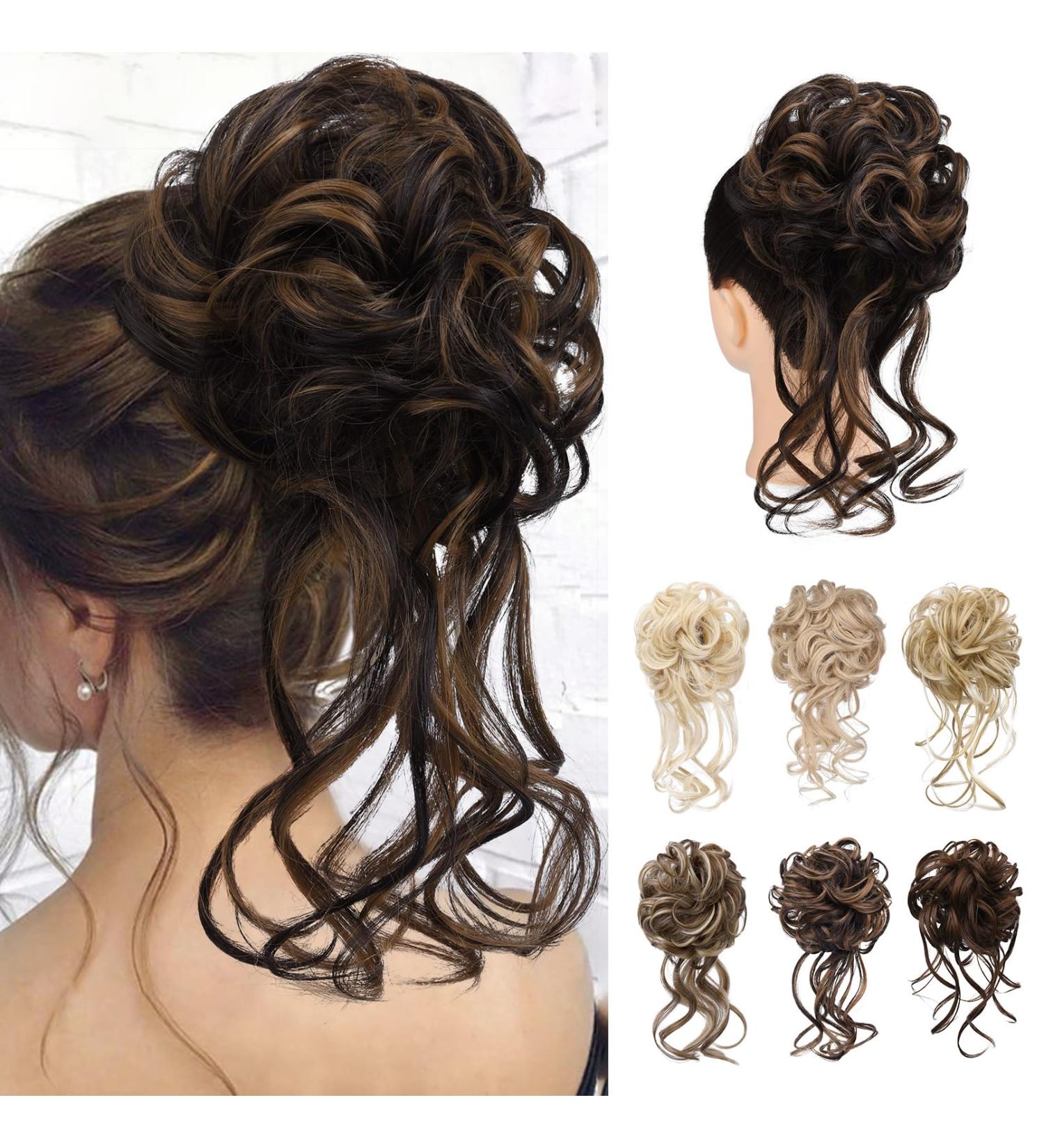 REECHO Tousled Updo Messy Bun Hair Piece for Women - Chocolate Brown with Highlights - Buy Online on SooperMarket.com