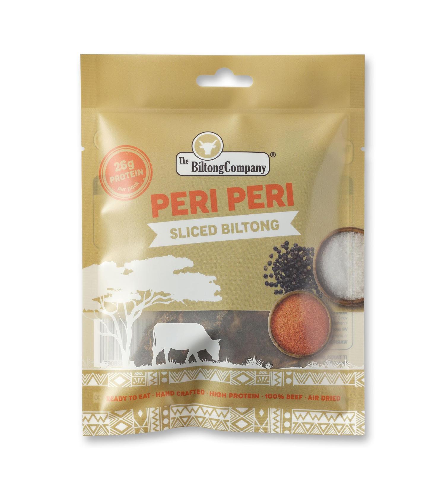 Peri Peri Sliced Biltong 1 x 50g (50g) Natural Spicy Beef Biltong by The Biltong Company High in Protein & Keto Diet-Approved Lean Biltong Spiced Meat Snack Like Jerky - Buy Online on SooperMarket.com