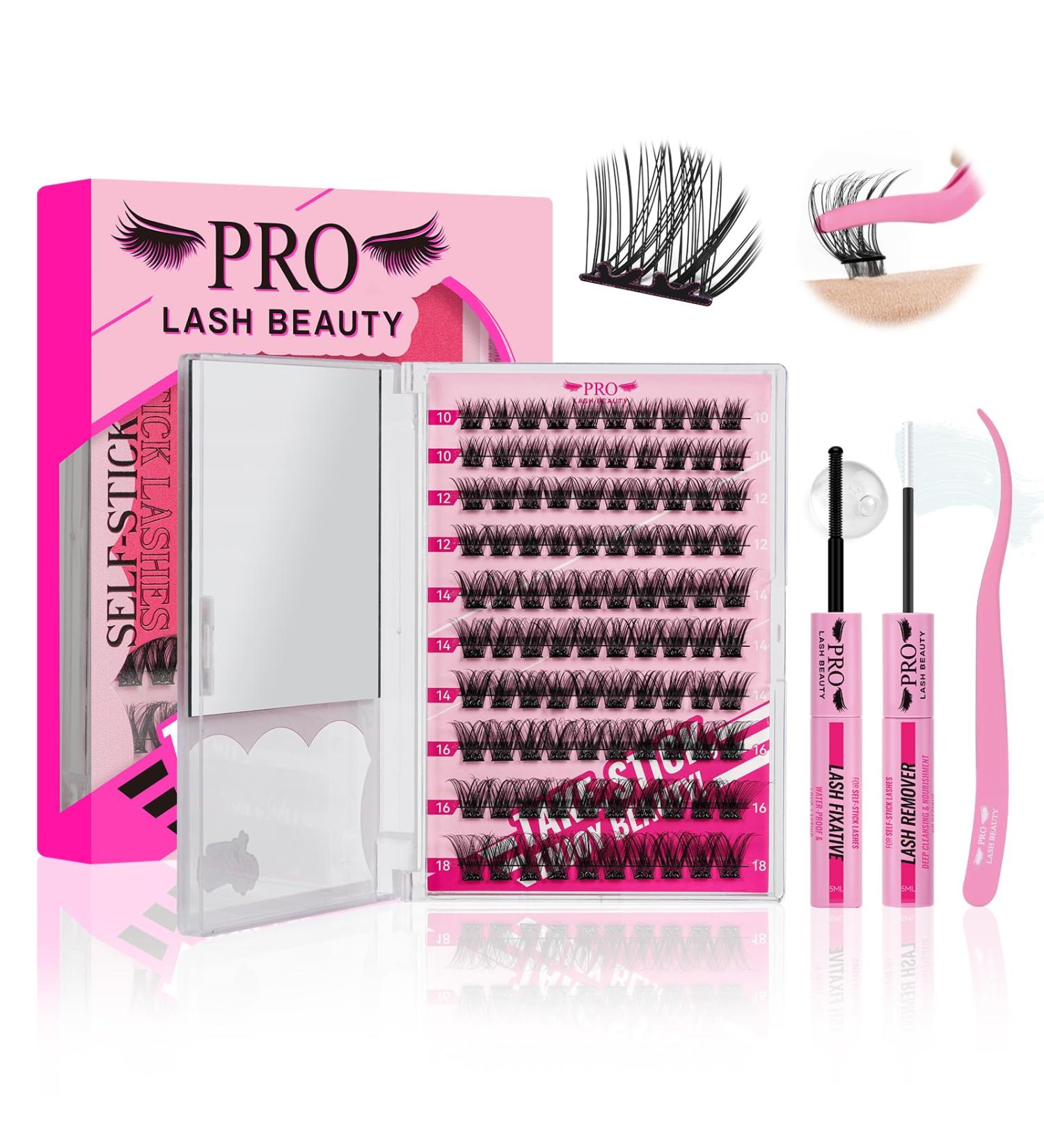 PRO Self Adhesive Eyelashes Kit - 120pcs Lash Clusters & Essentials | Easy Home Application | Lash Fixative Remover & Applicator Included - Begonia D-10-18mix - Buy Online on SooperMarket.com