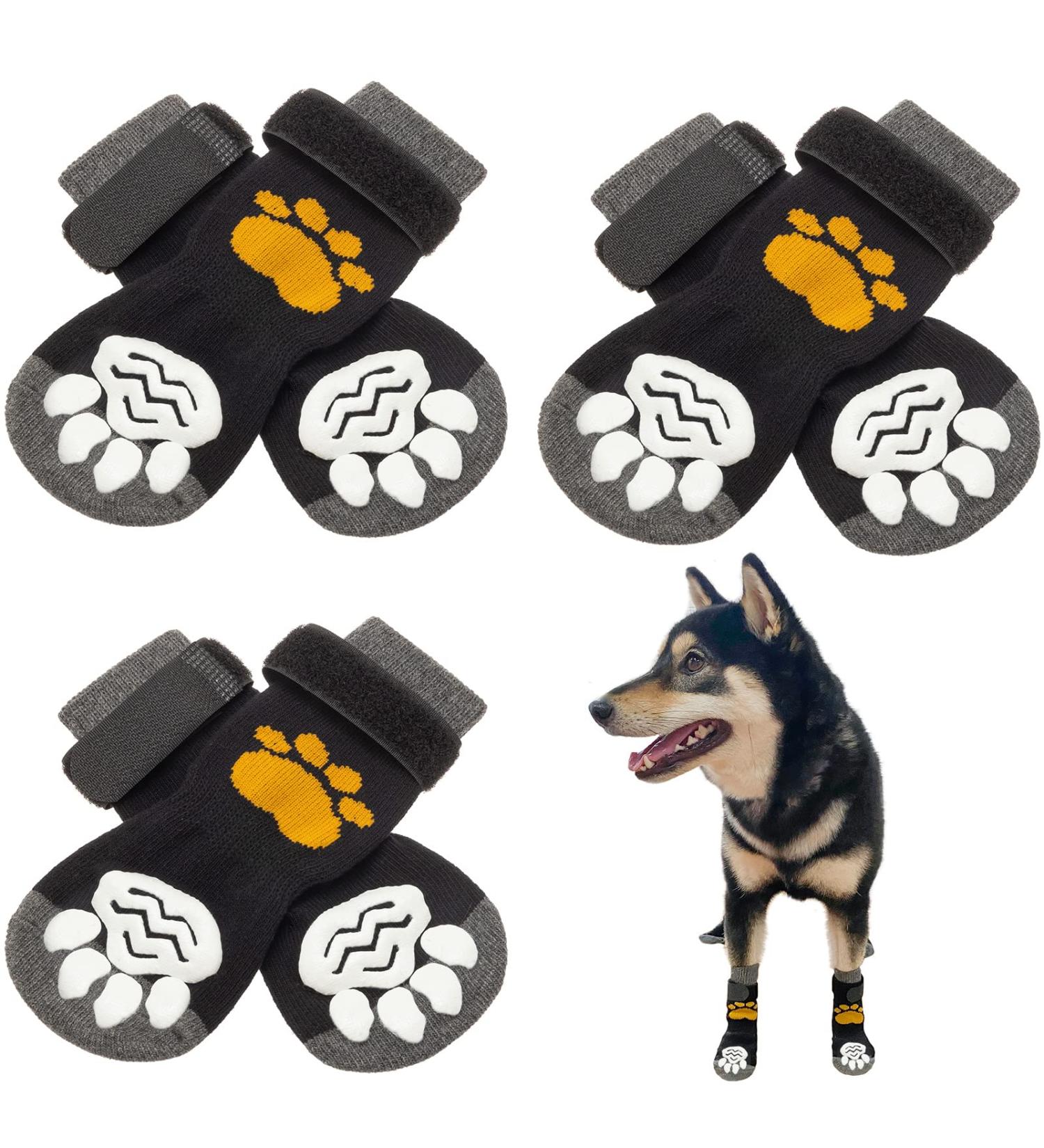 SCIROKKO Anti-Slip Dog Socks (3 Pairs) - Adjustable Pet Paw Protection with Golden Paw Pattern - Indoor Traction Control - Size L (Paw width 3.13 in) Black - Buy Online on SooperMarket.com