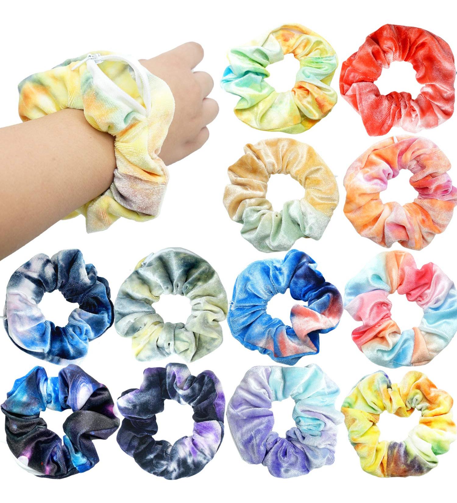 12pc Velvet Pocket Hair Scrunchies with Hidden Zipper Pocket - Cheetah & Tye Dye Colors - Buy Online on SooperMarket.com