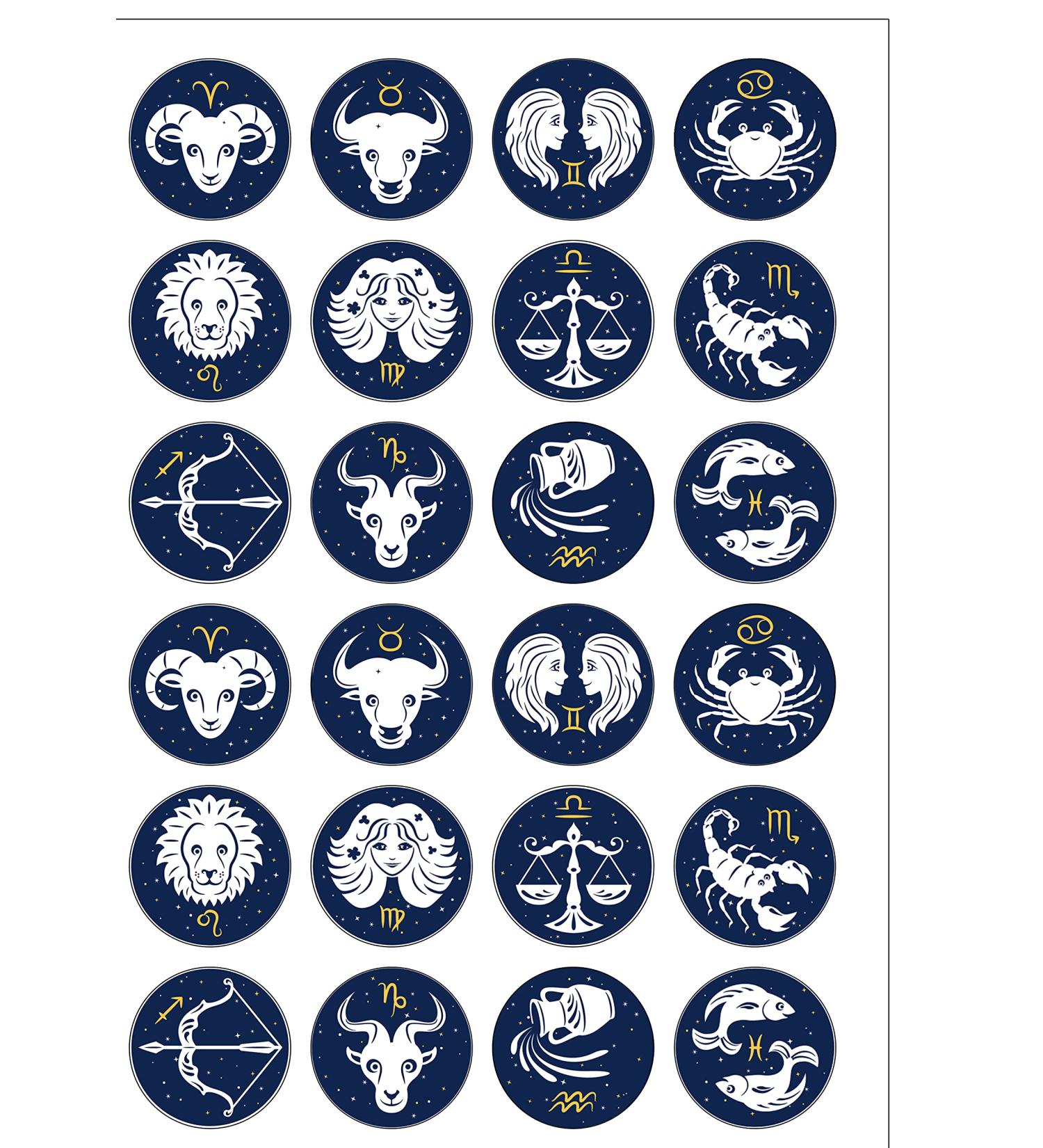 24 Precut Round Star Signs Horoscope Edible Wafer paper Cake Cupcake Toppers