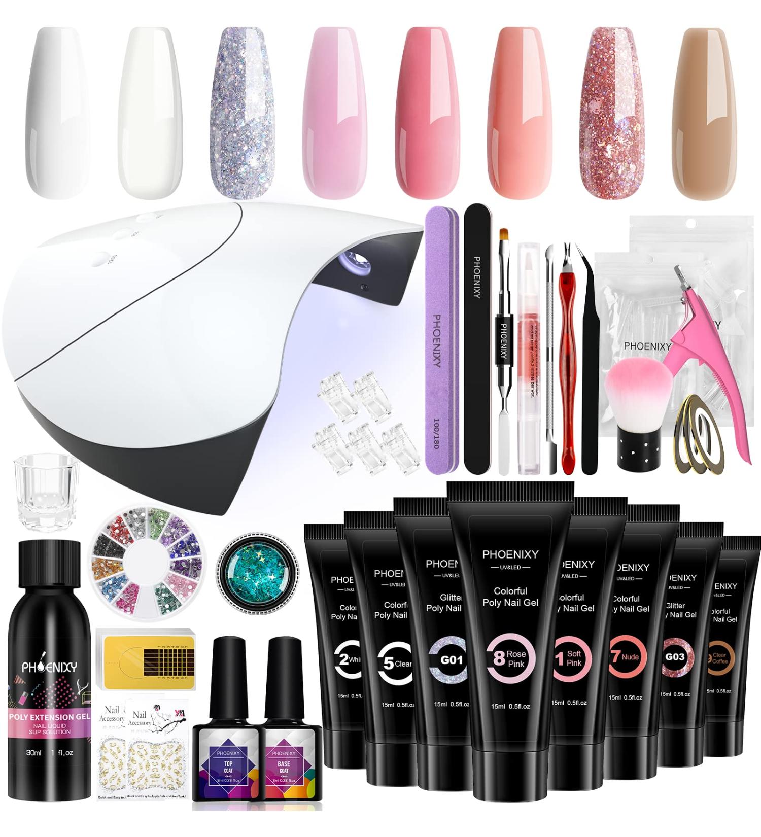 Phoenixy Poly Nail Gel Kit - 8 Colors Extension Set with 36W LED UV Lamp | Manicure Starter Kit for Women - Bahamas Sand Beach - Buy Online on SooperMarket.com