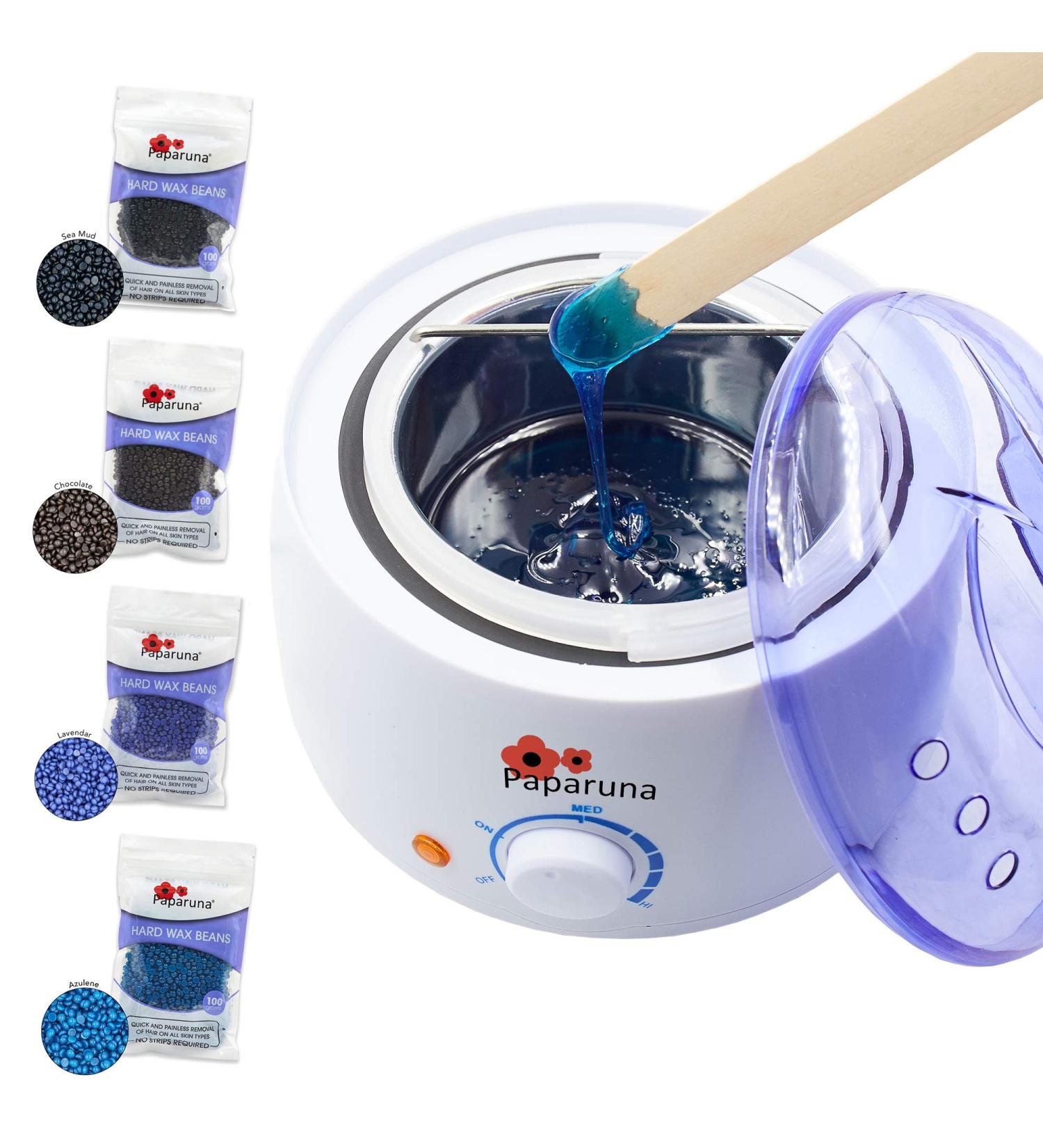 Adjustable Temperature Wax Warmer Hair Removal Kit - Includes 4 Bags Hard Wax Beads, Application Spatulas, Vented Cover, Auto Shut-Off - Buy Online on SooperMarket.com