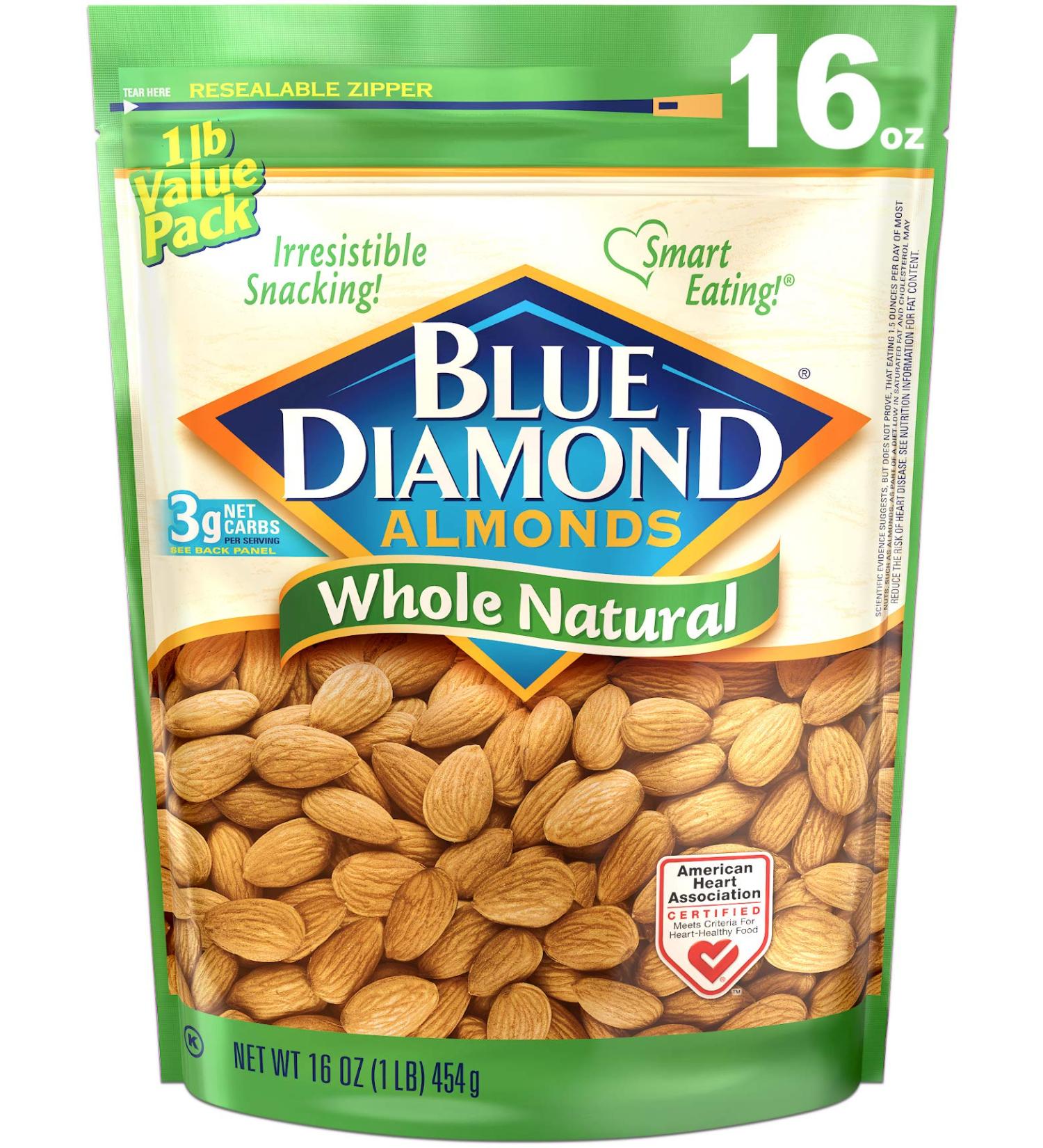 Blue Diamond Almonds Raw Whole Natural 16oz - Premium Quality Almonds - Buy Online on SooperMarket.com