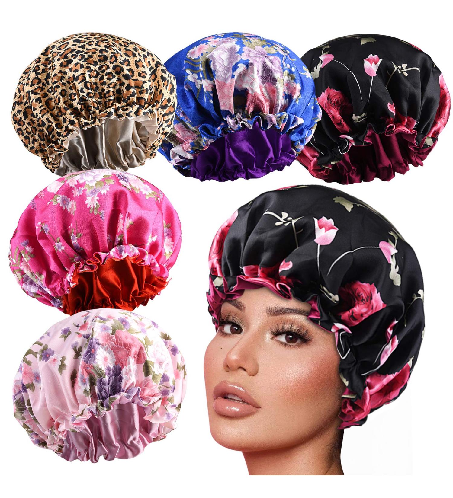 5pcs Double Layer Reversible Satin Bonnet for Black Women - Large Drawstring Silk Hair Cap for Curly Hair, Braids - B Floral/Leopard Print - Buy Online on SooperMarket.com