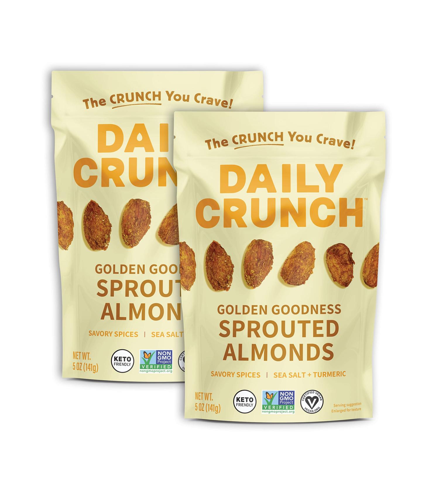 Golden Goodness Daily Crunch Sprouted Almonds 5oz (2 Pack) - Savory Spice Blend, Sea Salt & Turmeric | Keto Friendly, Non-GMO, Vegan, Healthy Snack - Buy Online on SooperMarket.com