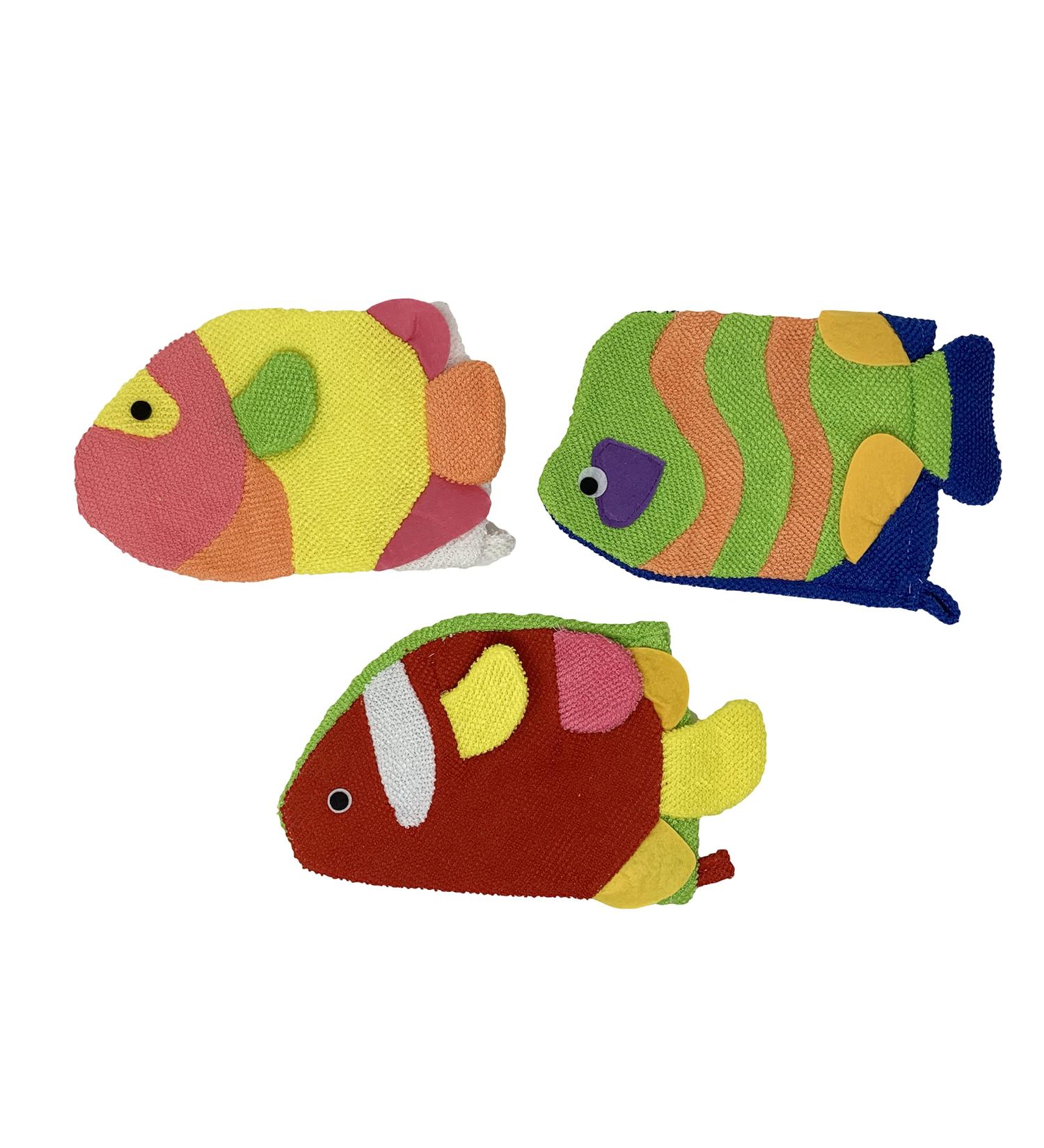 Colorful Fish Glove Washcloth and Loofah Set - Ideal for Kids and Adults Bath/Shower - Assorted Colors - Wholesale Bulk Lot - Buy Online on SooperMarket.com