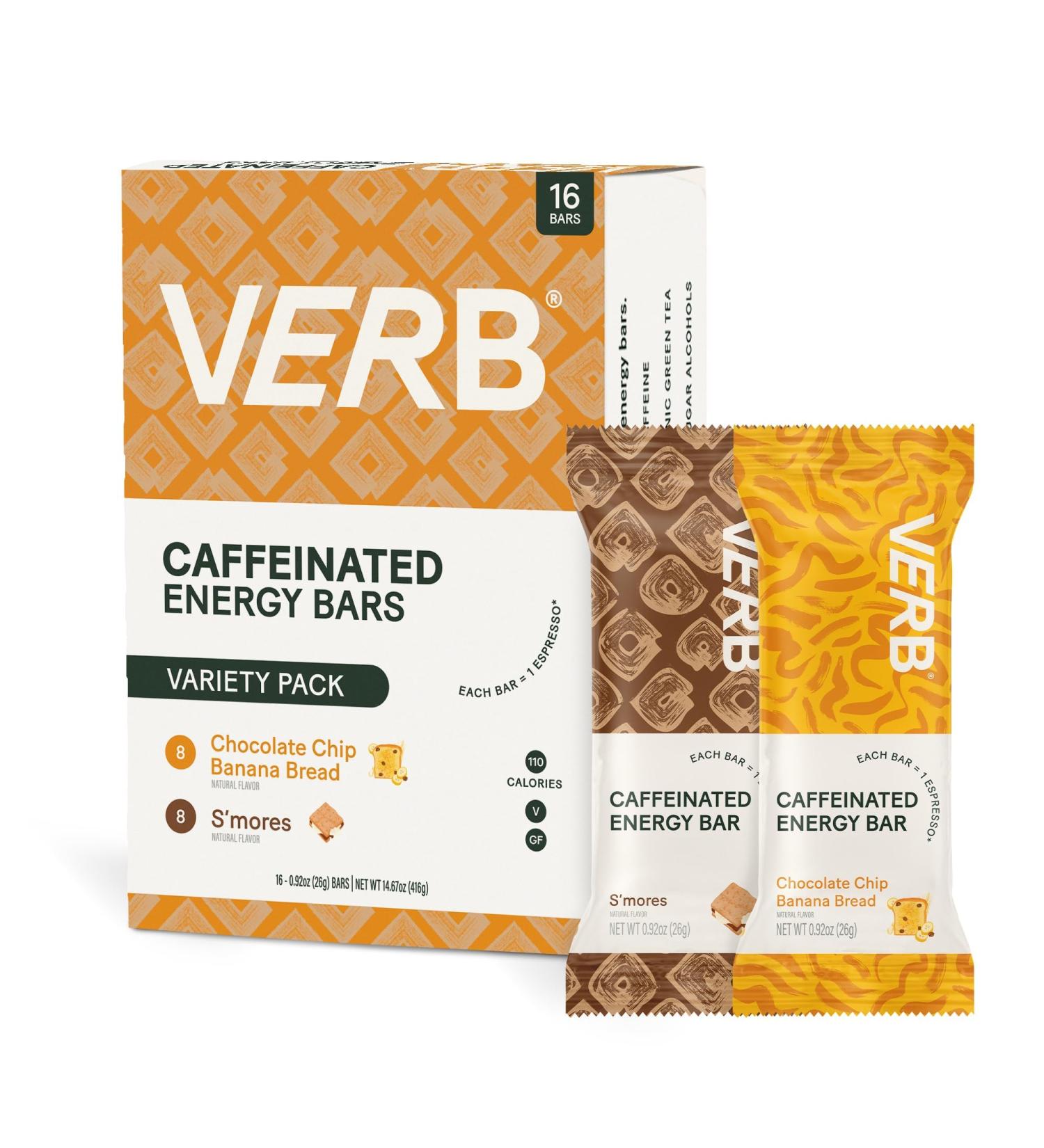 Verb Energy - Variety Pack Caffeinated Snack Bars - 110-Calorie Low Sugar Energy Bar - Nutrition Bars - Vegan Snacks - Gluten Free Breakfast Bars with Organic Green Tea 26g (Pack of 16) Variety Pack -16pk 16 Count (Pack of 1) - Buy Online on SooperMarket.com