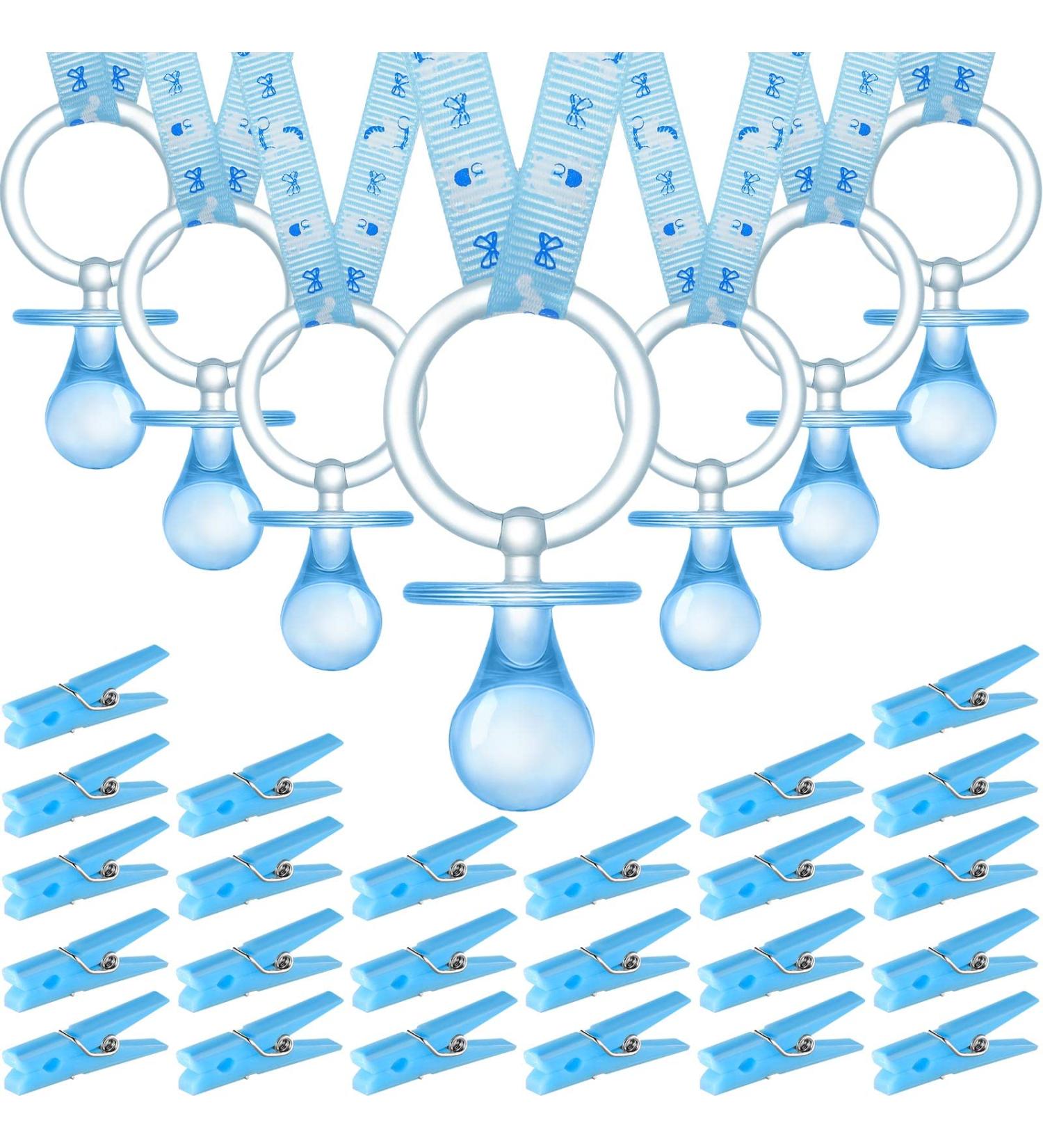 48 Pieces Baby Shower Decorations 24 Plastic Pacifiers and 24 Mini Clothes Pins Transparent Baby Showers Pacifiers Necklace Baby Girl Boy Pacifier Necklace for Party Favor Plastic Clothespins (Blue) - Buy Online on SooperMarket.com