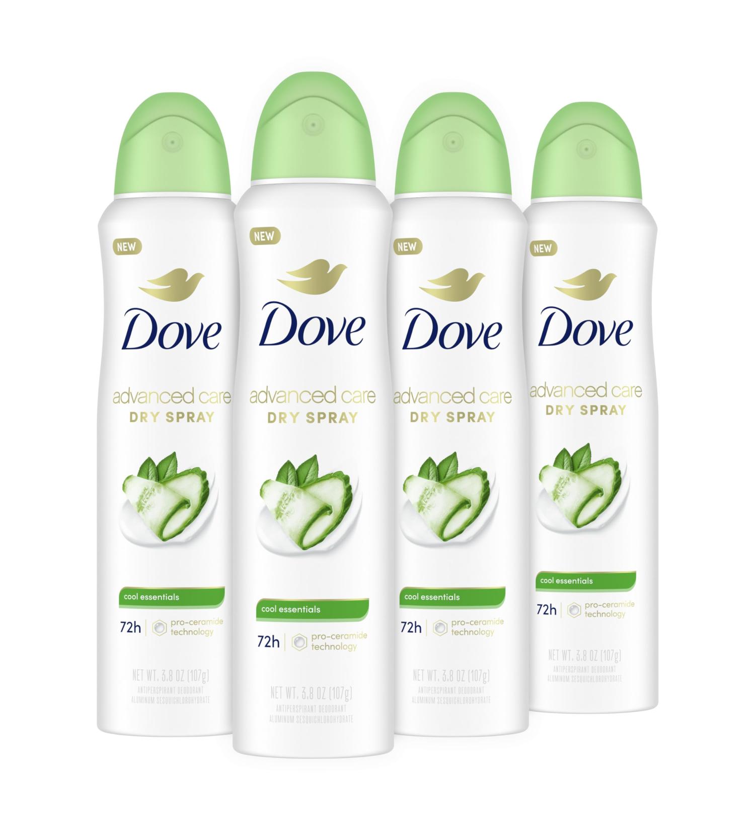 Dove Advanced Care Antiperspirant Deodorant Dry Spray Cool Essentials 4 Count Antiperspirant deodorant for helping your skin barrier repair after shaving With Pro Ceramide Technology 3.8 oz 15.2 Ounce (Pack of 1) Cool Essentials - Buy Online on SooperMarket.com