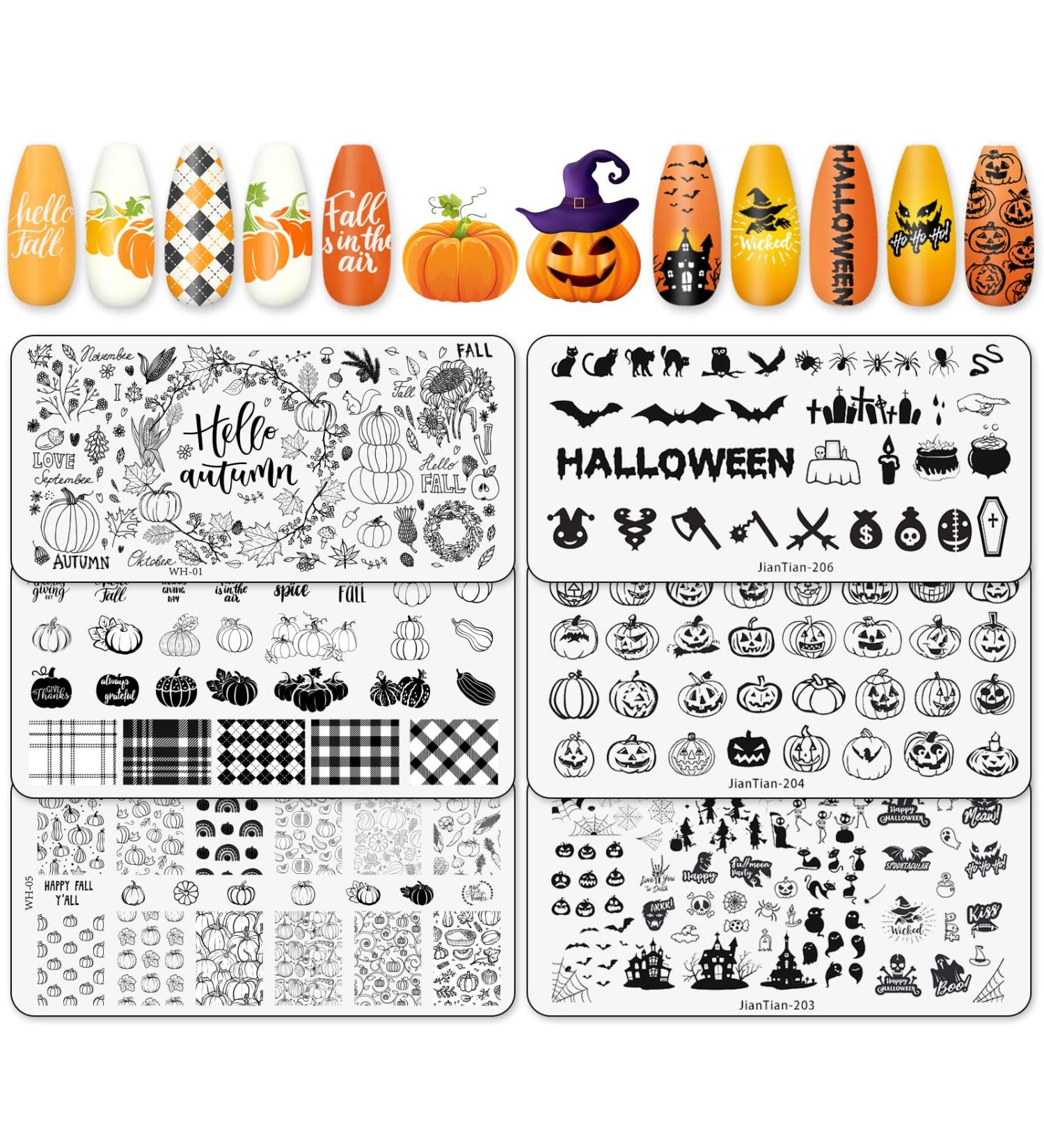 Whaline Fall Halloween Nail Art Stamping Plate Kit - Set of 6 Pumpkin Ghost & Plaid Designs for DIY Manicure | Perfect for Autumn & Thanksgiving - Buy Online on SooperMarket.com