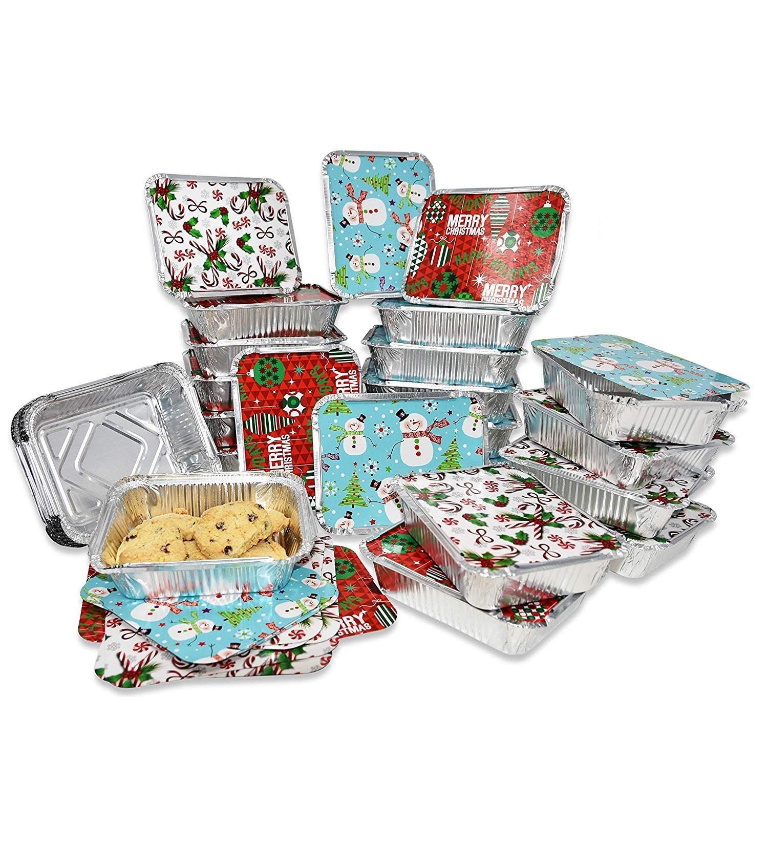 36 Count Christmas Tin Foil Containers with Lid Covers - Holiday Designs for Cookies & Treats - Disposable Food Storage Pans for Parties - Buy Online on SooperMarket.com
